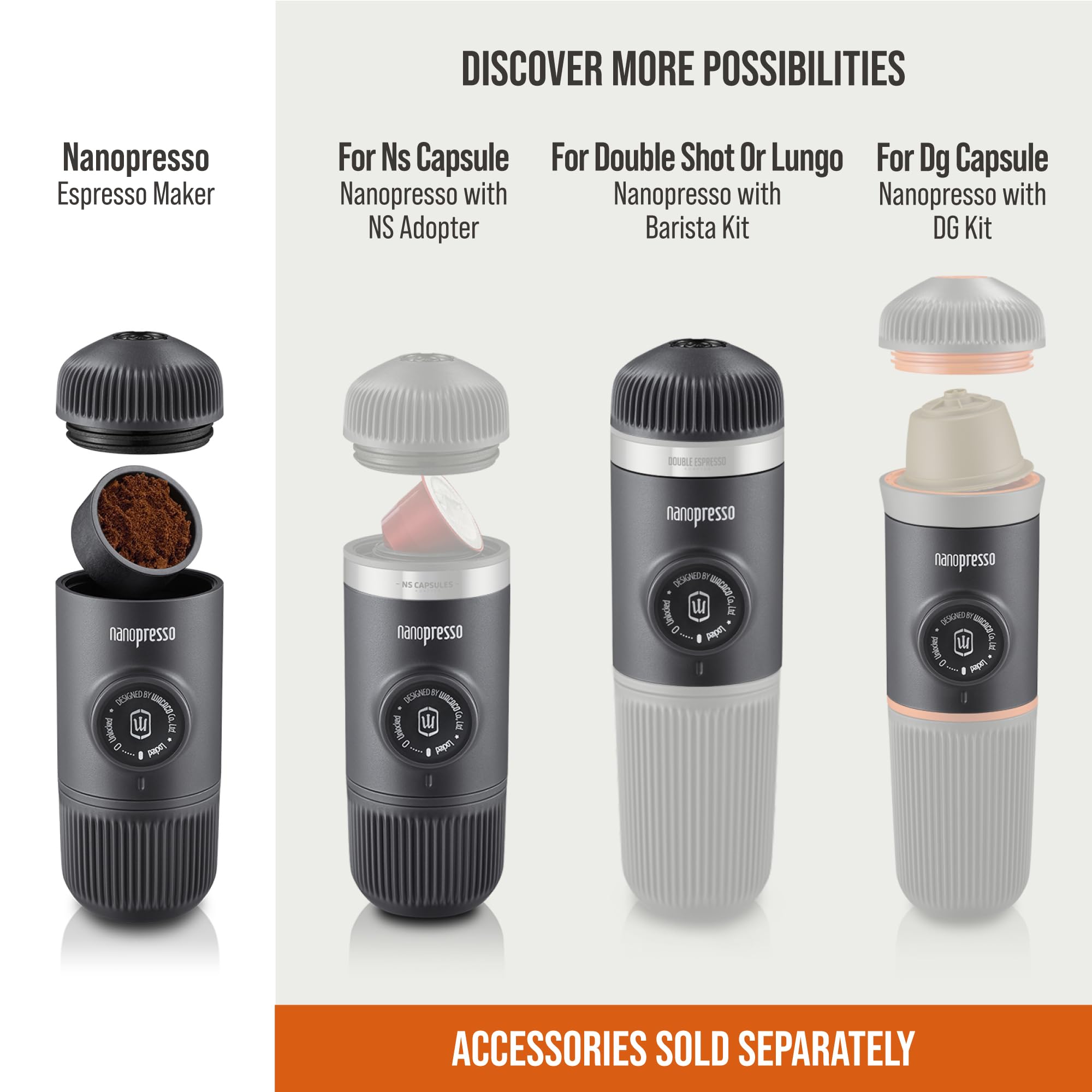WACACO Nanopresso Portable Espresso Maker, Upgrade Version of Minipresso, 18 Bar Pressure, Yellow Patrol Edition, Small Travel Coffee Maker, Manually Operated, Compatible with Ground Coffee