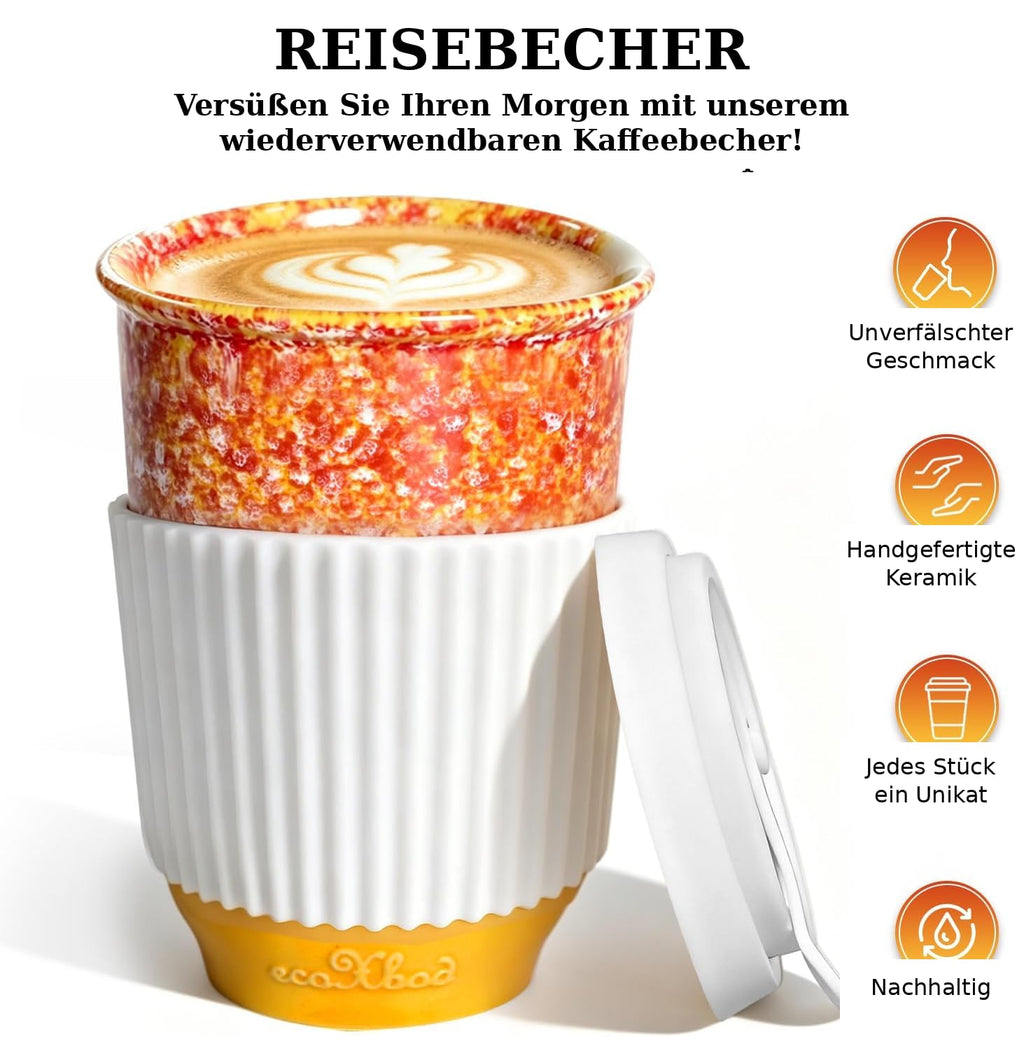 A reusable ceramic travel coffee cup with a white ribbed sleeve and white lid, shown on a white background with German promotional text and feature icons. The cup has a multicolor speckled orange, red, and yellow patterned exterior and a yellow interior.