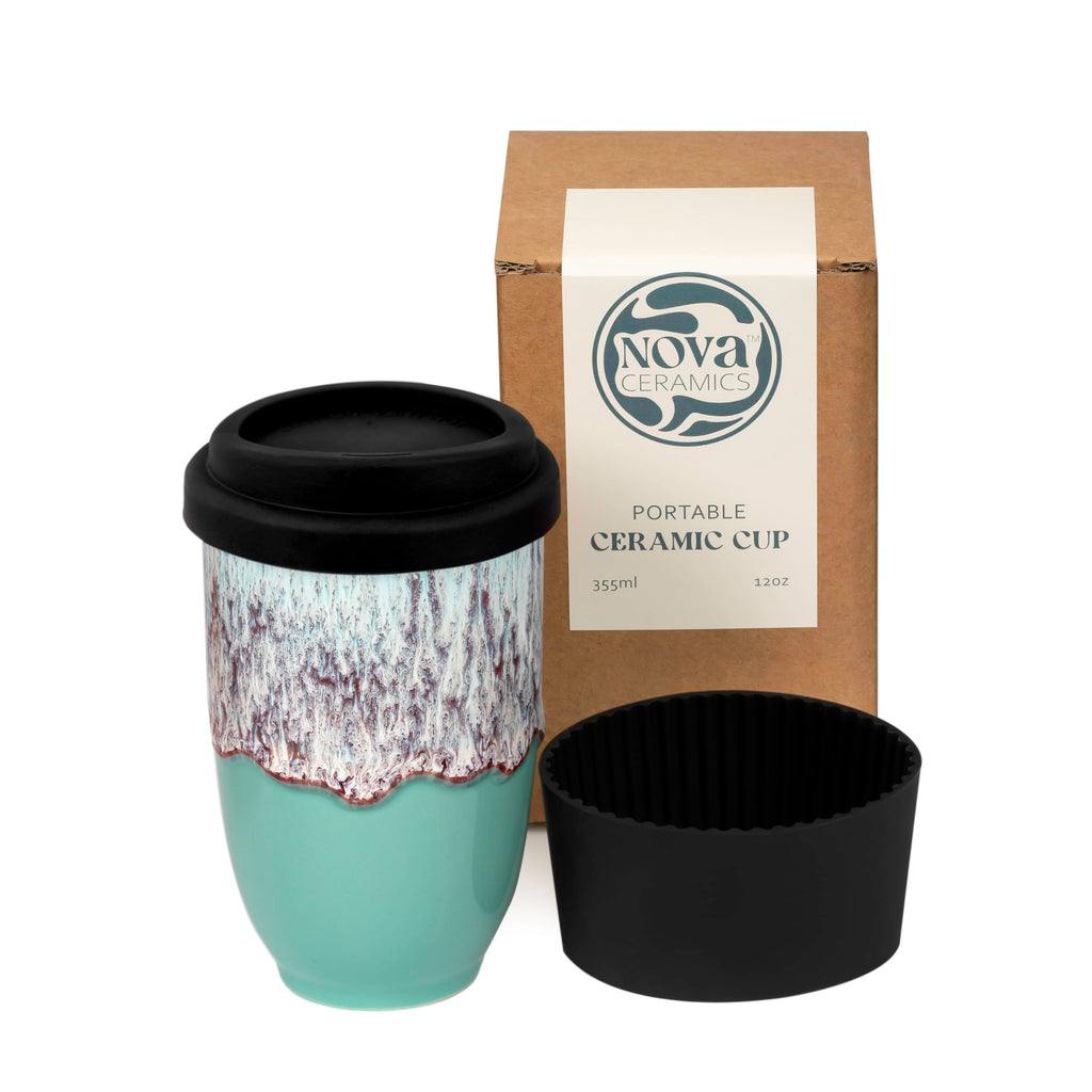 NOVA CERAMICS Ceramic Travel Mug with Lid – Microwave & Dishwasher Safe | 12oz Travel Coffee Mug | Monsoon