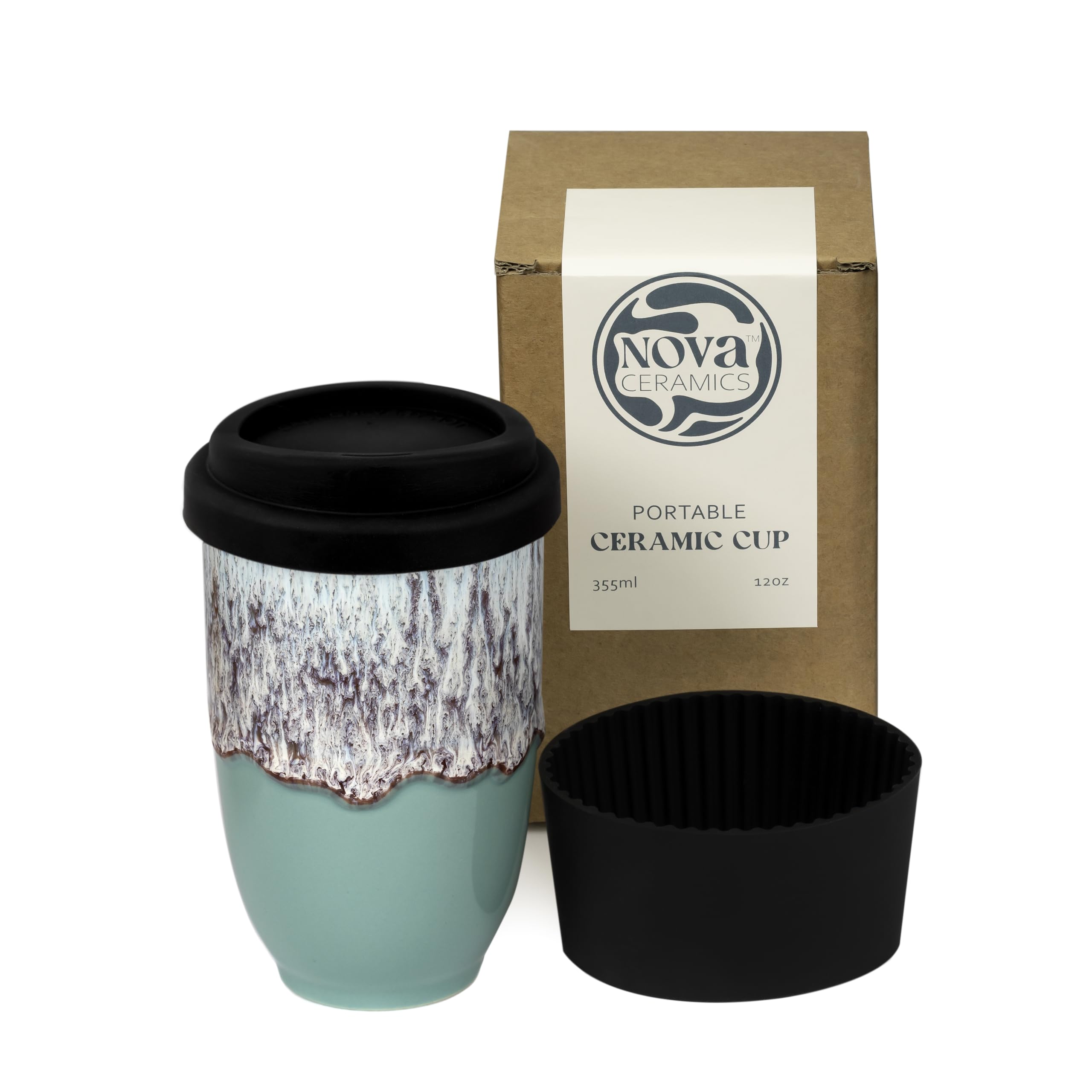 NOVA CERAMICS Ceramic Travel Mug with Lid – Microwave & Dishwasher Safe | 12oz Travel Coffee Mug | Monsoon