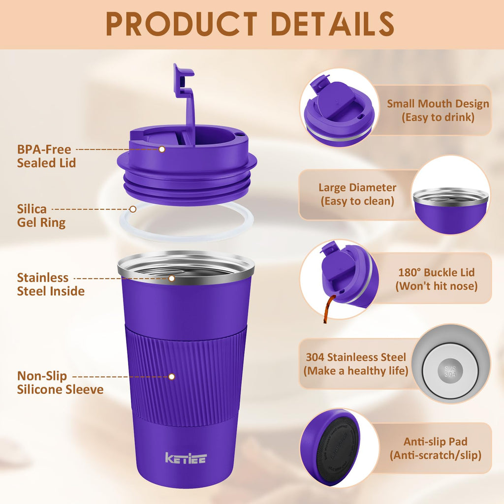 KETIEE Coffee Mug to Go – 380ml Double-Walled Vacuum Insulated Travel Mug | Leak-Proof Lid | Grass Green