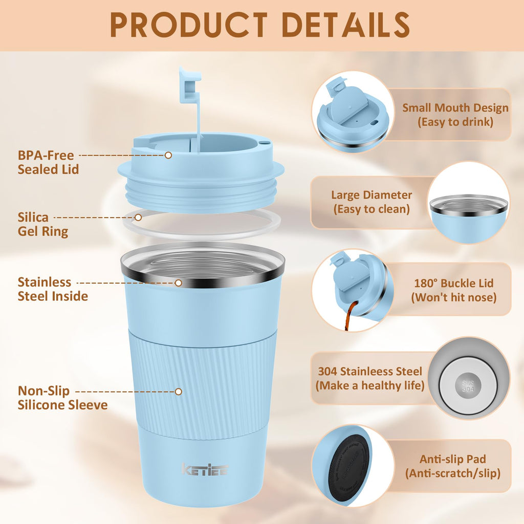 KETIEE Coffee Mug to Go – 380ml Double-Walled Vacuum Insulated Travel Mug | Leak-Proof Lid | Grass Green