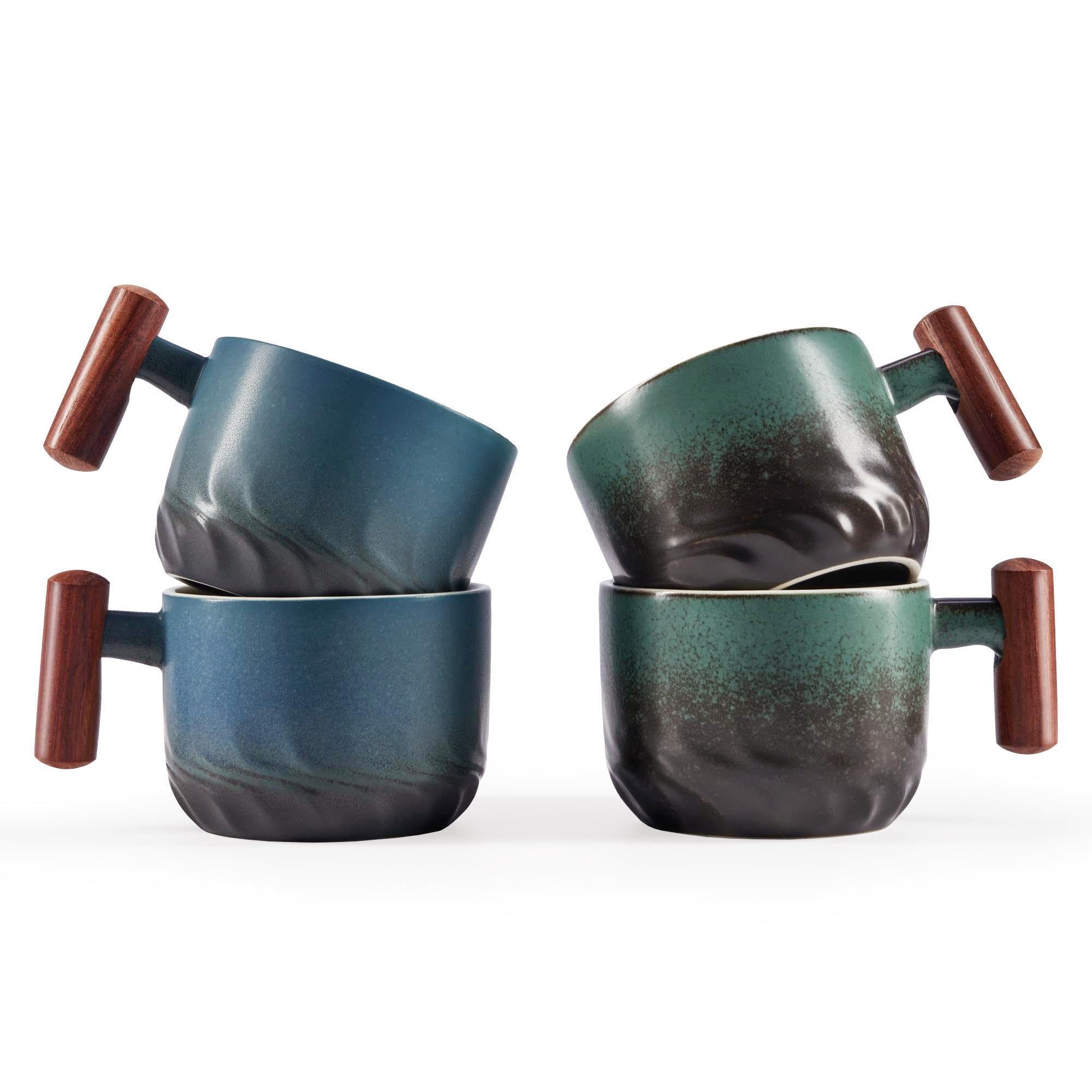 Ceramic Espresso Mugs with Wooden Handle – 170ml (Set of 4)