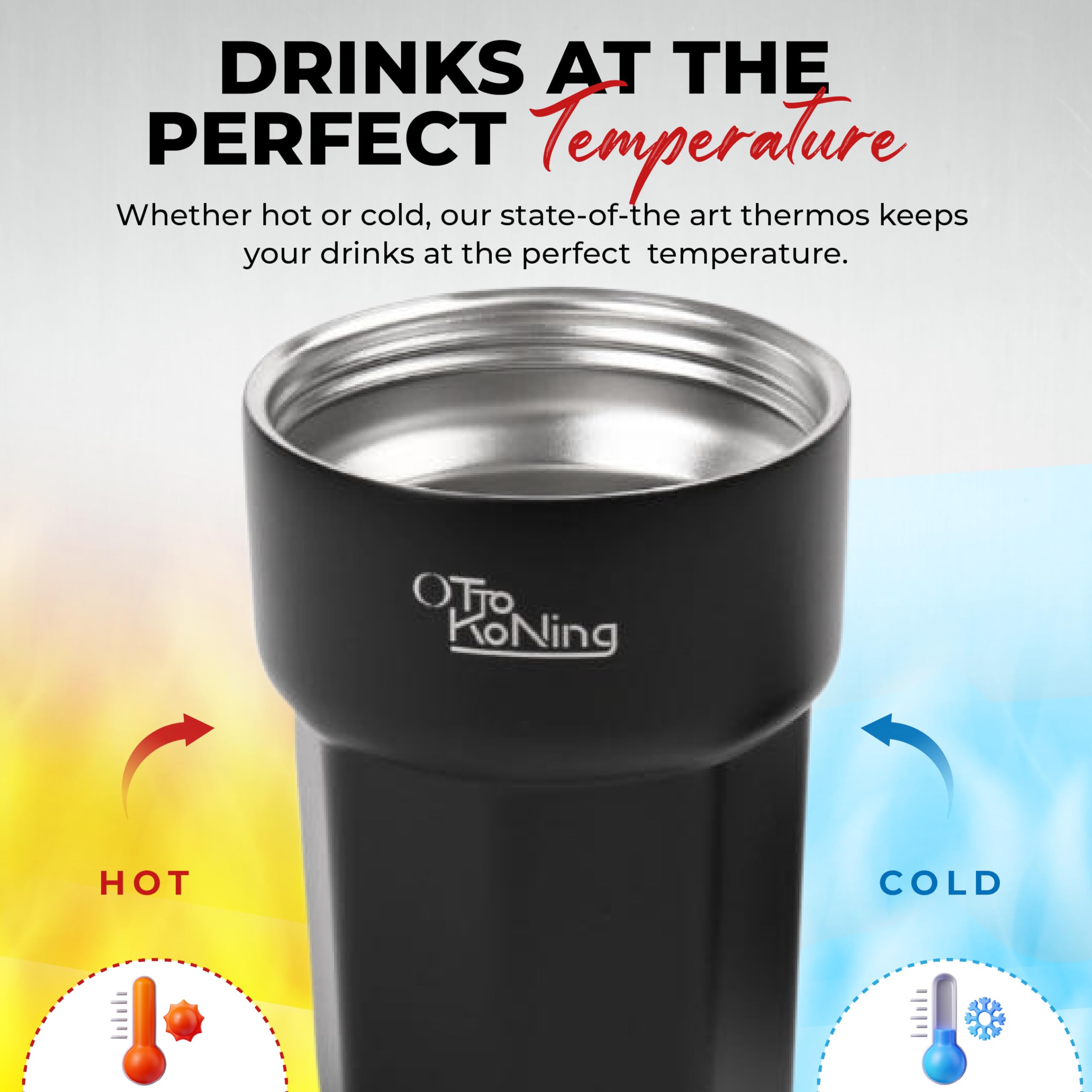 Otto Koning Travel Mug 12oz (350ml)- Leakproof Stainless Steel Coffee Cup | Thermal Flask for Hot Drinks (4h) | Fits Car Holder, BPA Free & Anti-Slip | The Smart Choice for Commute
