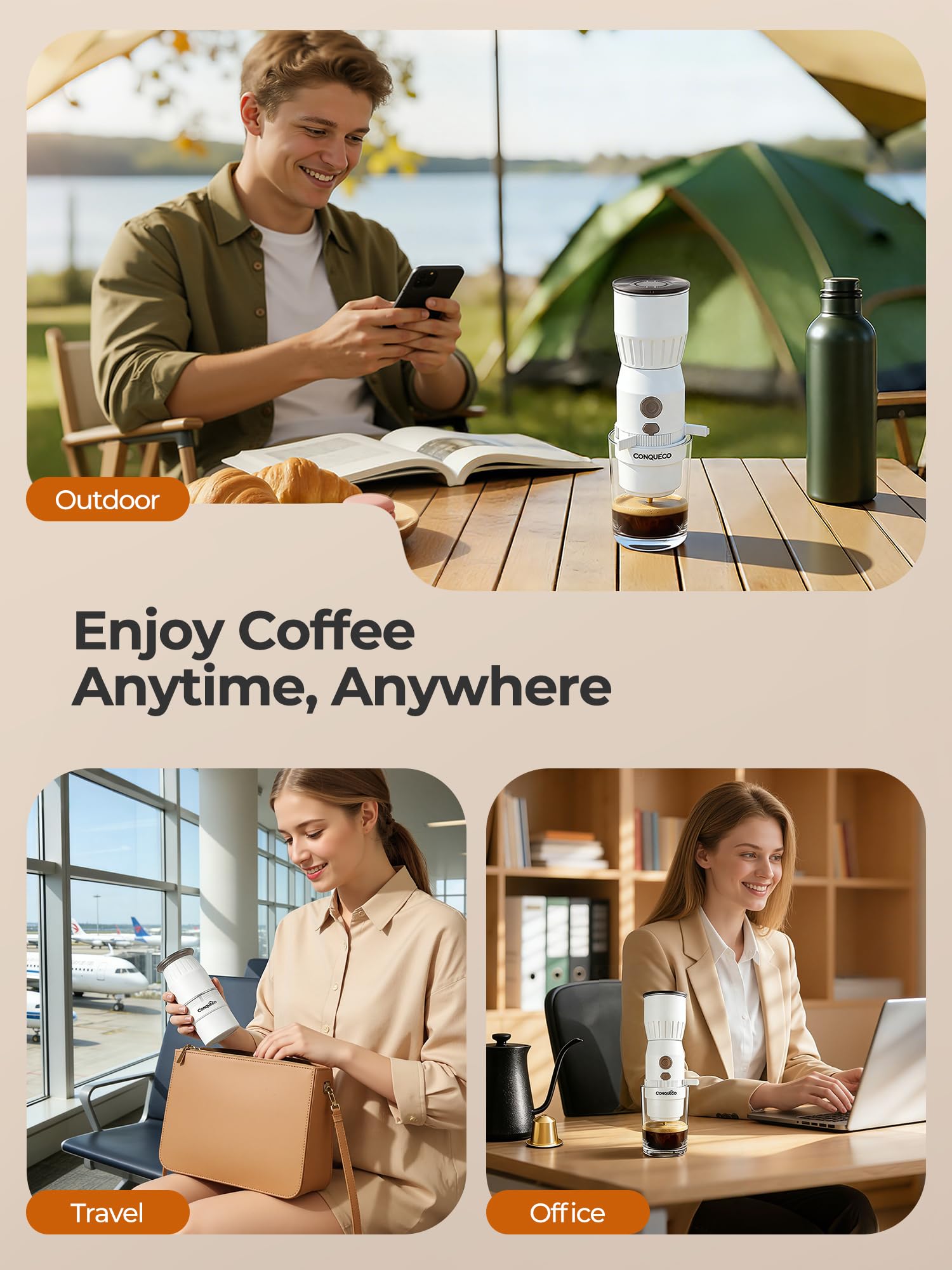 Mini Portable Coffee Maker: 160ml Travel Espresso Machine - Electric Coffee Brewer for Camping - Rechargeable Battery - 2 in 1 for Ground Coffee and NS Capsule Hiking Hotal (Not Self-heating) (WHITE)