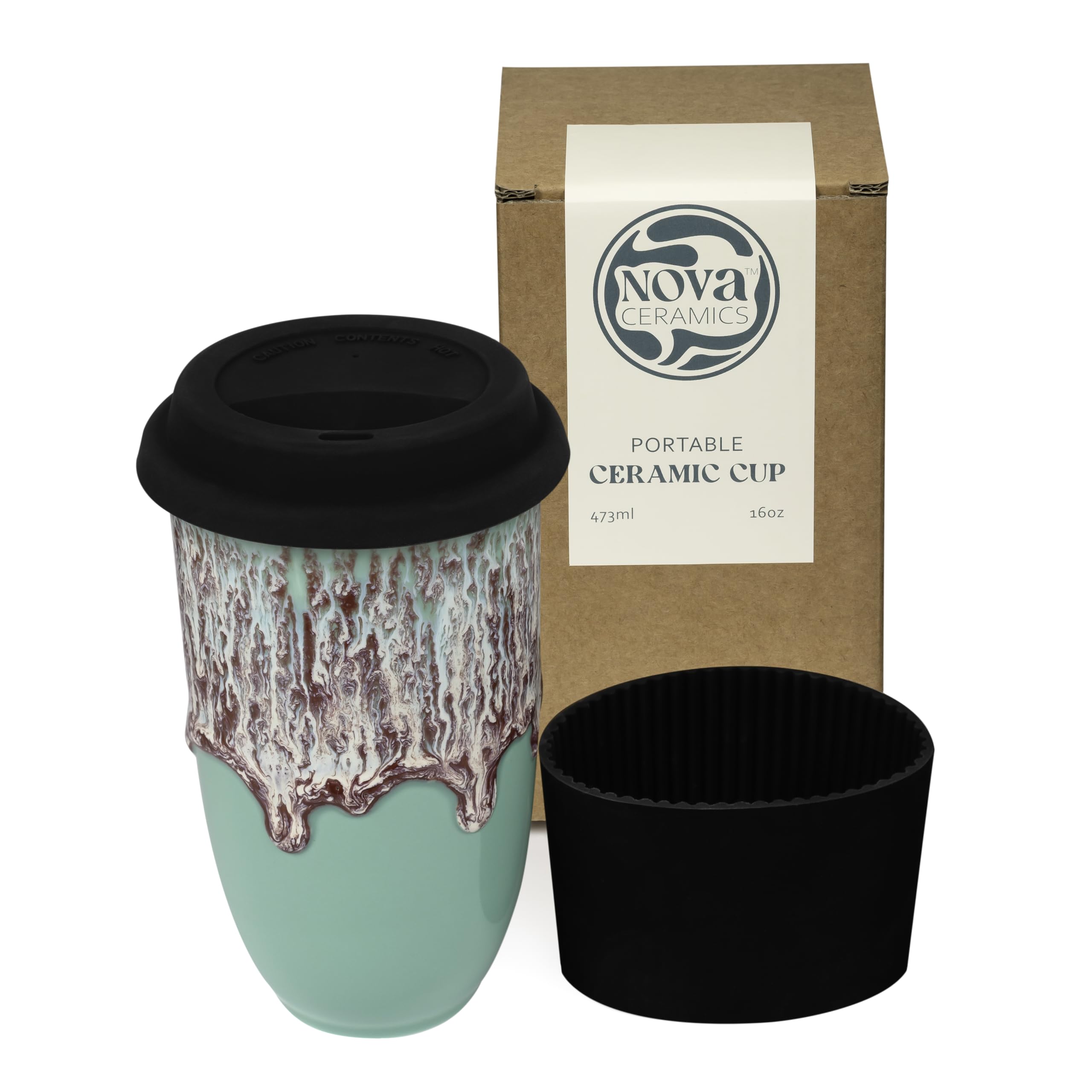 Portable ceramic cup with black lid and brown packaging featuring Nova Ceramics branding.