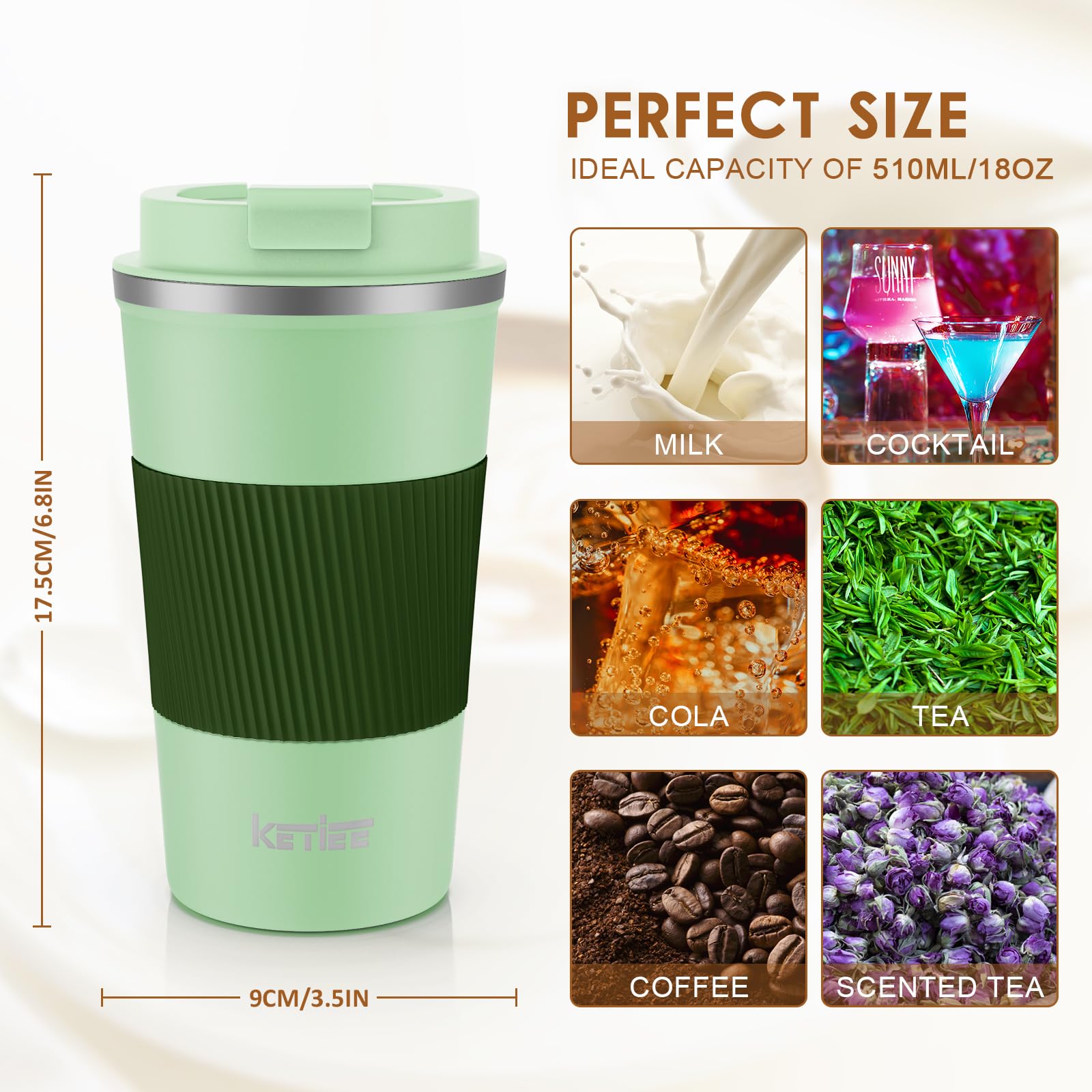 KETIEE Coffee Mug to Go – 380ml Double-Walled Vacuum Insulated Travel Mug | Leak-Proof Lid | Grass Green