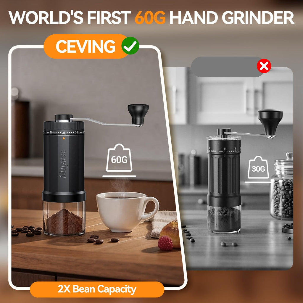 Large Capacity Manual Coffee Grinder – 60g Hand Grinder with 40 Grind Settings | Travel Coffee Gear