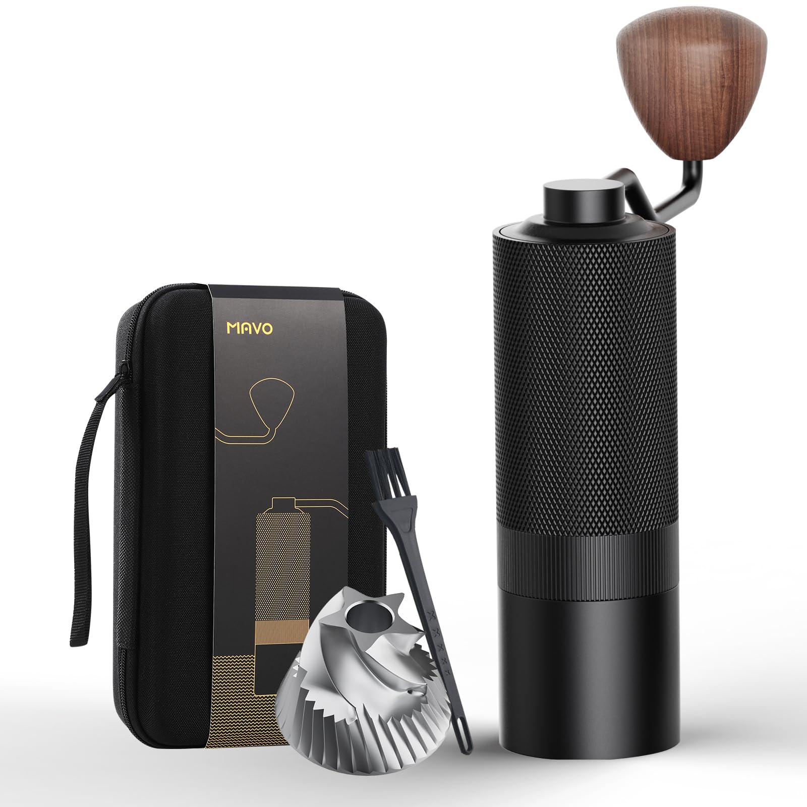 A manual coffee grinder with a dark wood handle, shown next to its black zippered carrying case, a black fork, and a silver metal blade on a white background. The case features the brand name 'MRVO' in gold.
