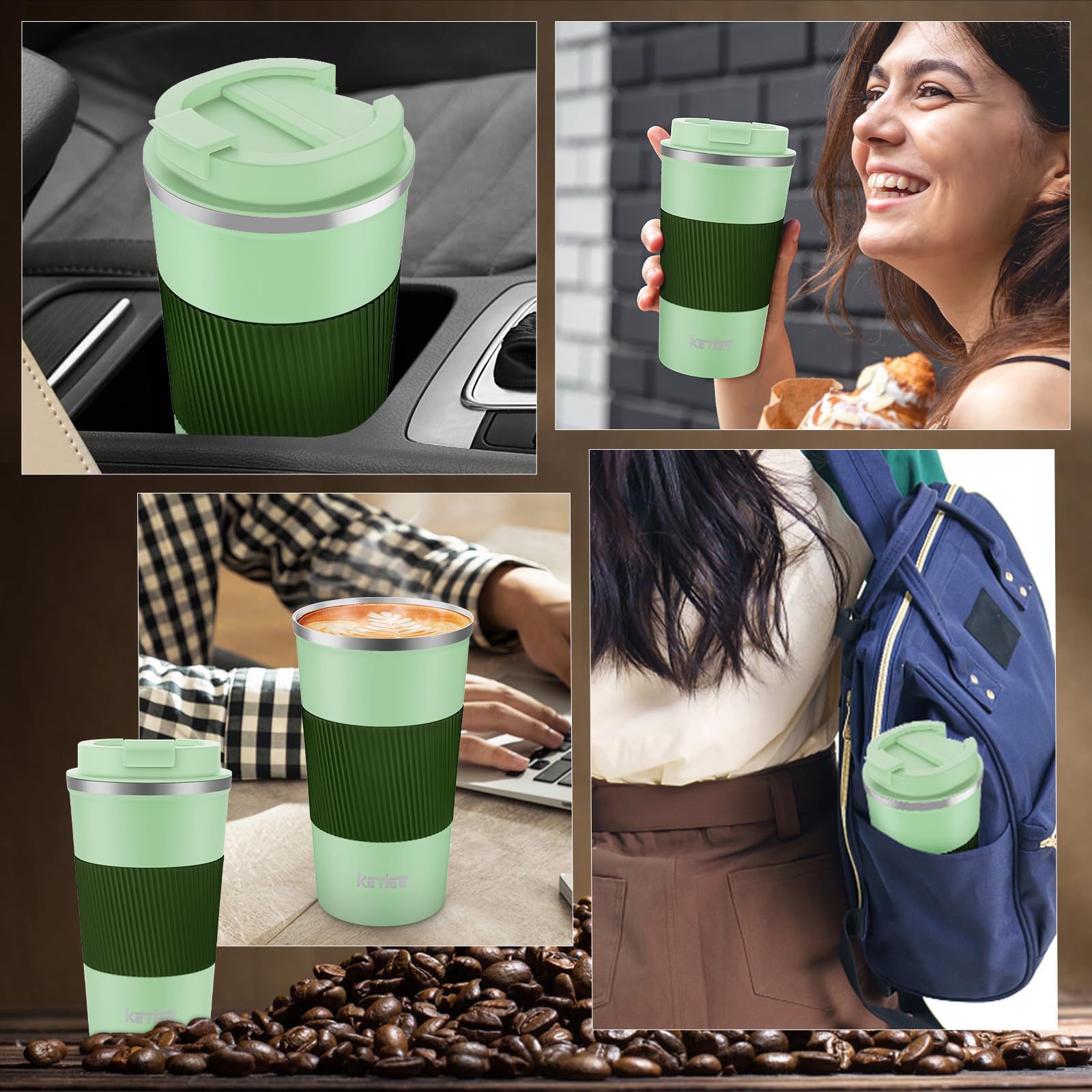 KETIEE Coffee Mug to Go – 380ml Double-Walled Vacuum Insulated Travel Mug | Leak-Proof Lid | Grass Green
