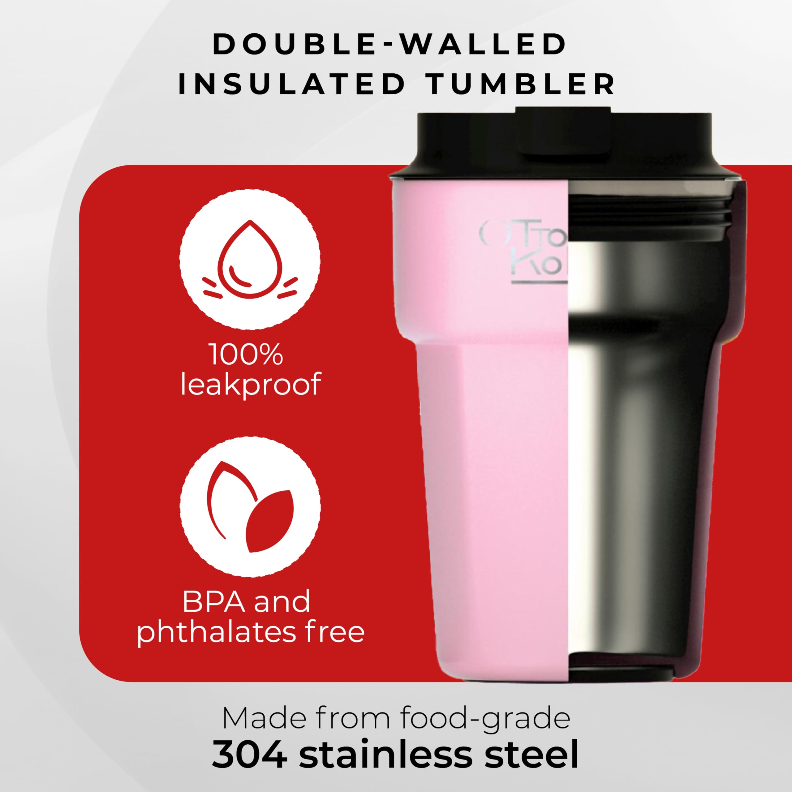 Otto Koning Travel Mug 12oz (350ml)- Leakproof Stainless Steel Coffee Cup | Thermal Flask for Hot Drinks (4h) | Fits Car Holder, BPA Free & Anti-Slip | The Smart Choice for Commute