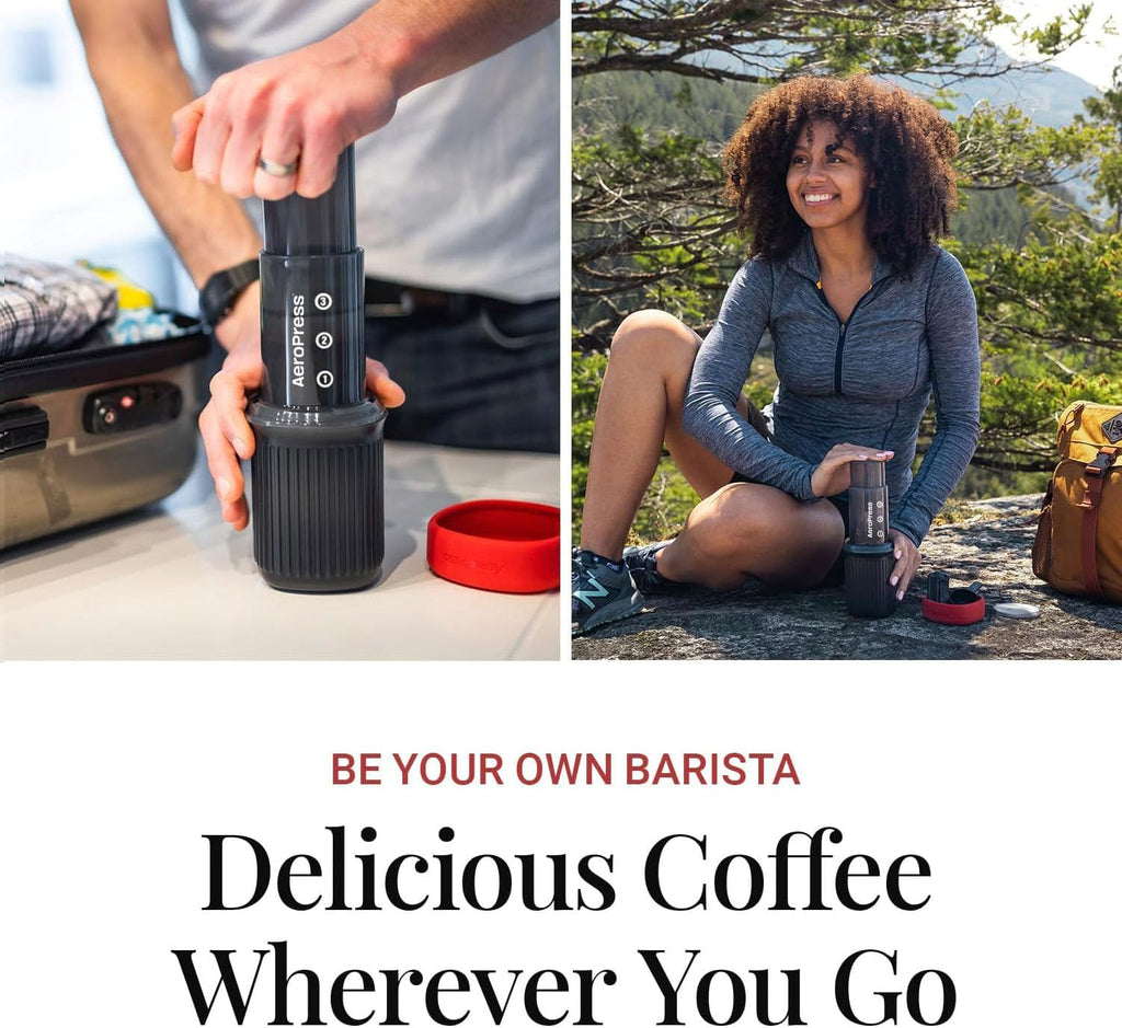 Aeropress Go Portable Travel Coffee Press Kit, 1-3 Cups in a Minute, Coffee, Espresso, & Cold Brew Maker, Manual Coffee Making Machine for Travel, Includes Mug & Lid, Grey