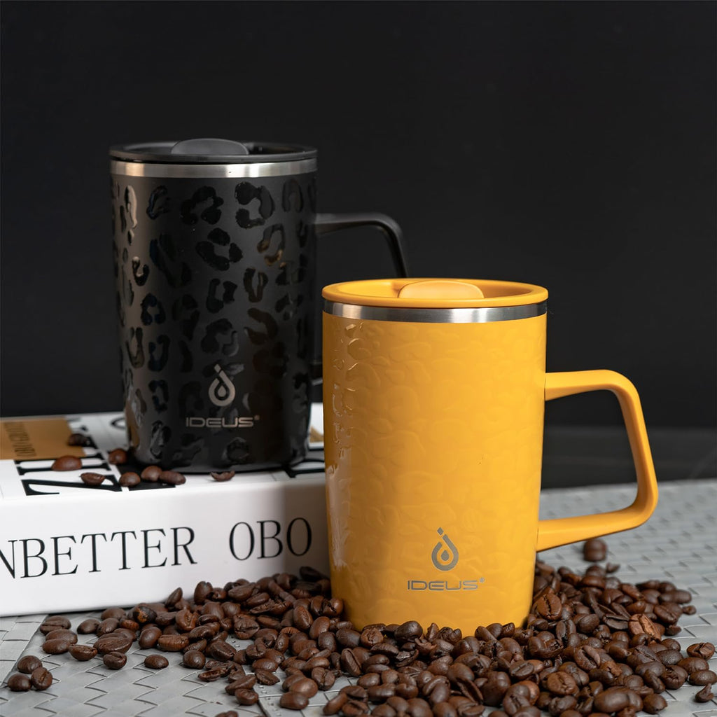 Ideus 16oz Insulated Coffee Mug with Handle & Lid – Double Wall Stainless Steel Vacuum Tumbler | Travel Coffee Cup for Home & Office | Leopard Black
