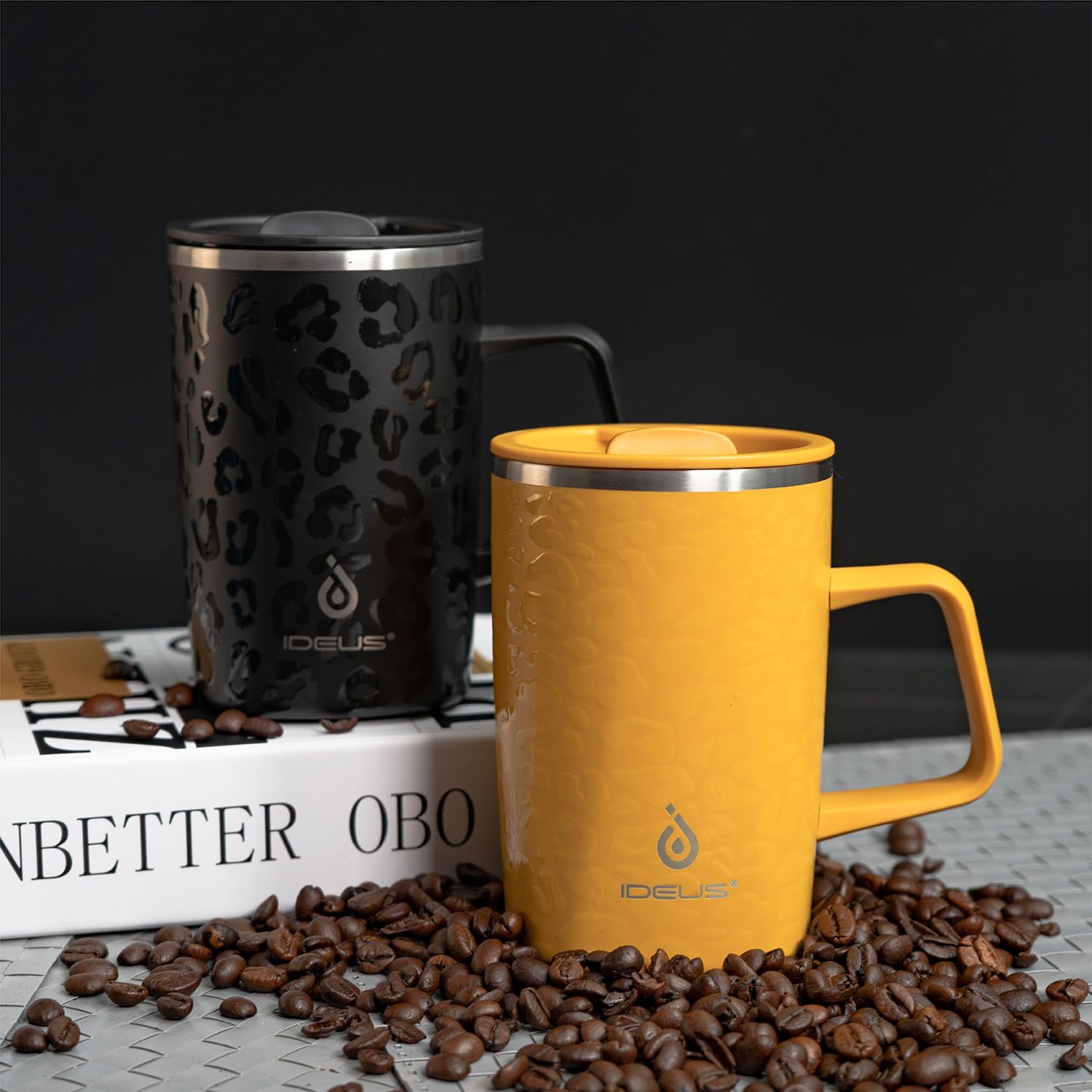 Ideus 16oz Insulated Coffee Mug with Handle & Lid – Double Wall Stainless Steel Vacuum Tumbler | Travel Coffee Cup for Home & Office | Leopard Black