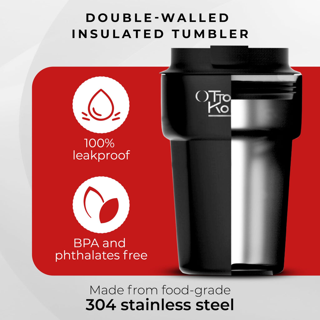 Otto Koning Travel Mug 12oz (350ml)- Leakproof Stainless Steel Coffee Cup | Thermal Flask for Hot Drinks (4h) | Fits Car Holder, BPA Free & Anti-Slip | The Smart Choice for Commute