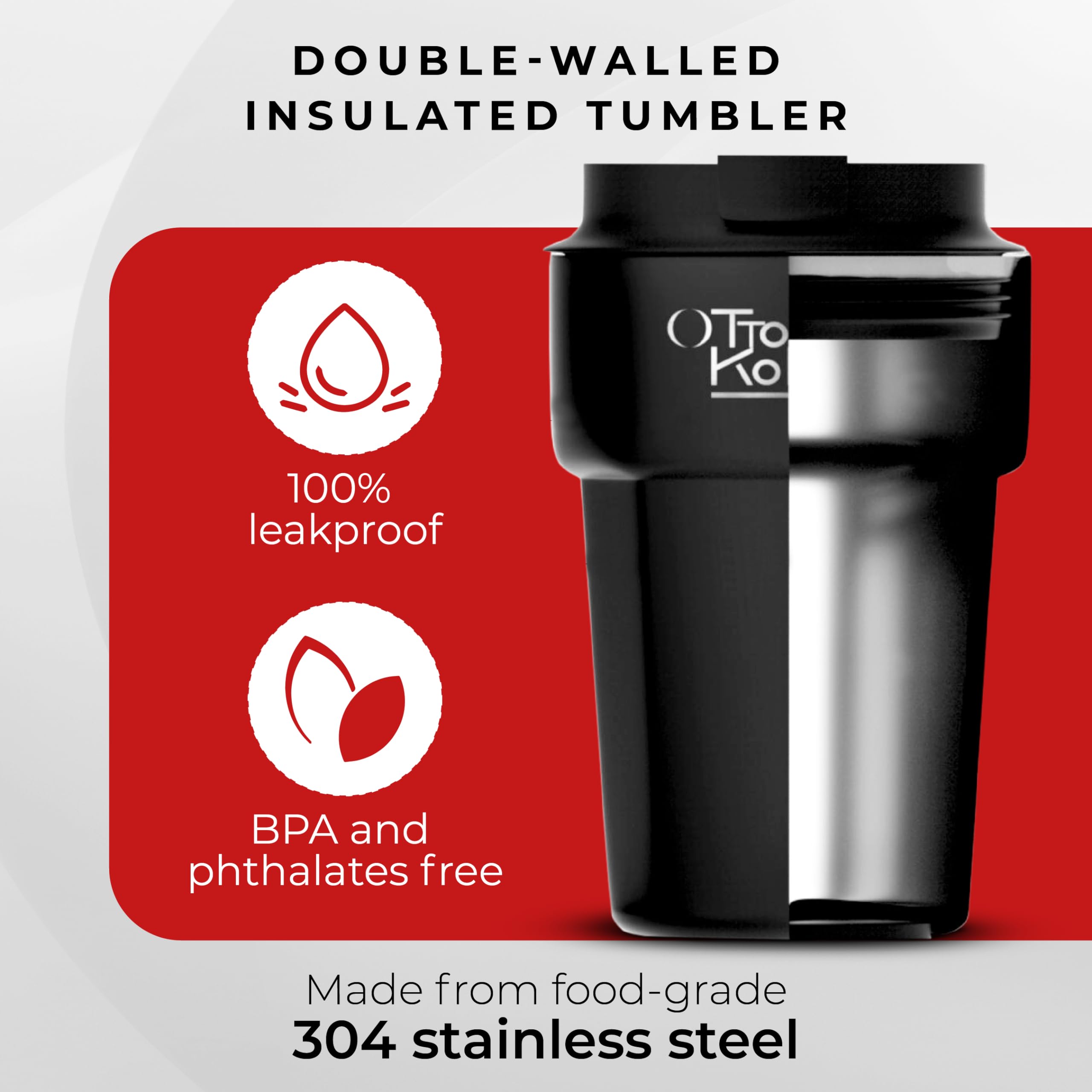 Otto Koning Travel Mug 12oz (350ml)- Leakproof Stainless Steel Coffee Cup | Thermal Flask for Hot Drinks (4h) | Fits Car Holder, BPA Free & Anti-Slip | The Smart Choice for Commute