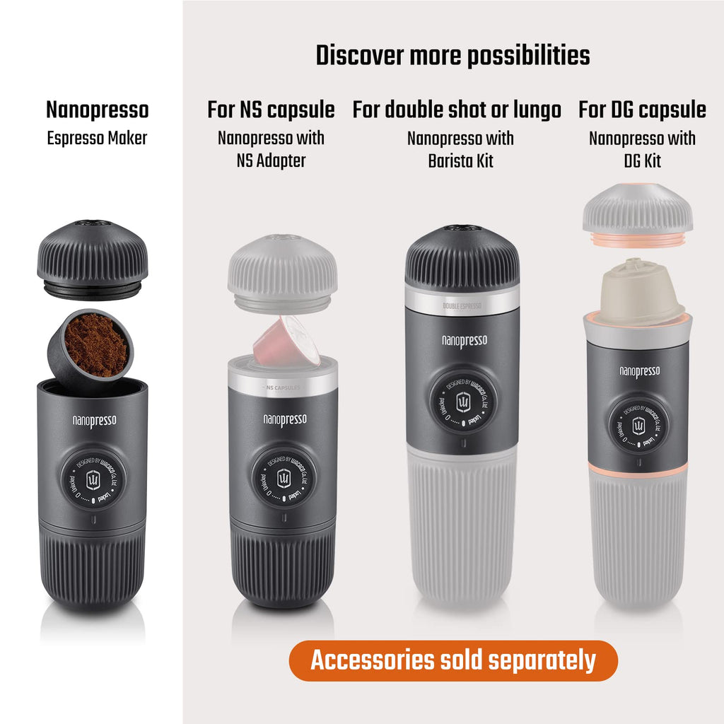 WACACO Nanopresso Portable Espresso Maker, Upgrade Version of Minipresso, 18 Bar Pressure, Yellow Patrol Edition, Small Travel Coffee Maker, Manually Operated, Compatible with Ground Coffee