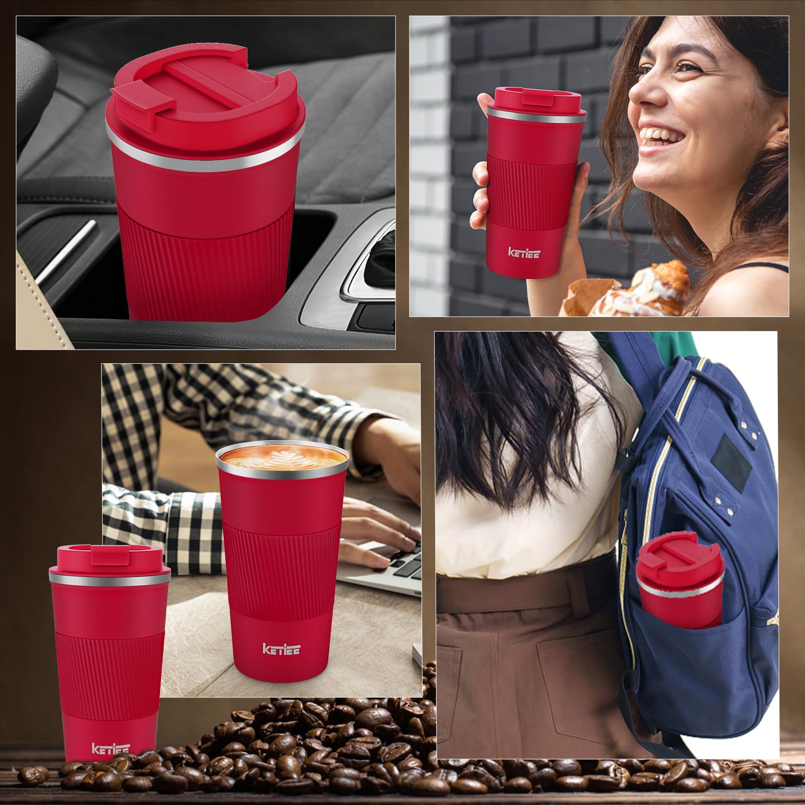 KETIEE Coffee Mug to Go – 380ml Double-Walled Vacuum Insulated Travel Mug | Leak-Proof Lid | Grass Green