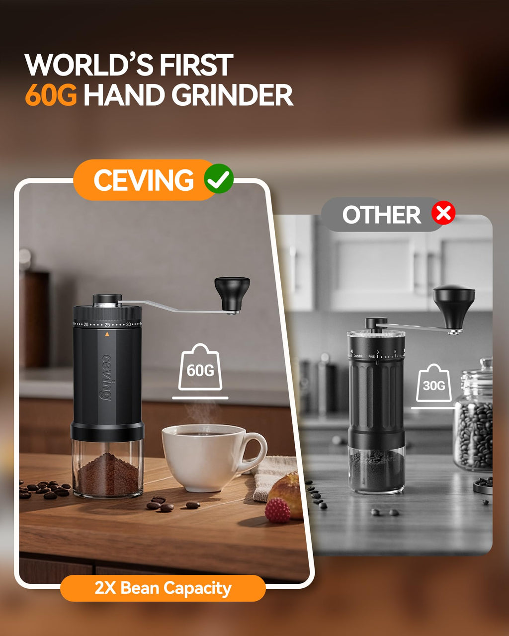 Large Capacity Manual Coffee Grinder – 60g Hand Grinder with 40 Grind Settings | Travel Coffee Gear