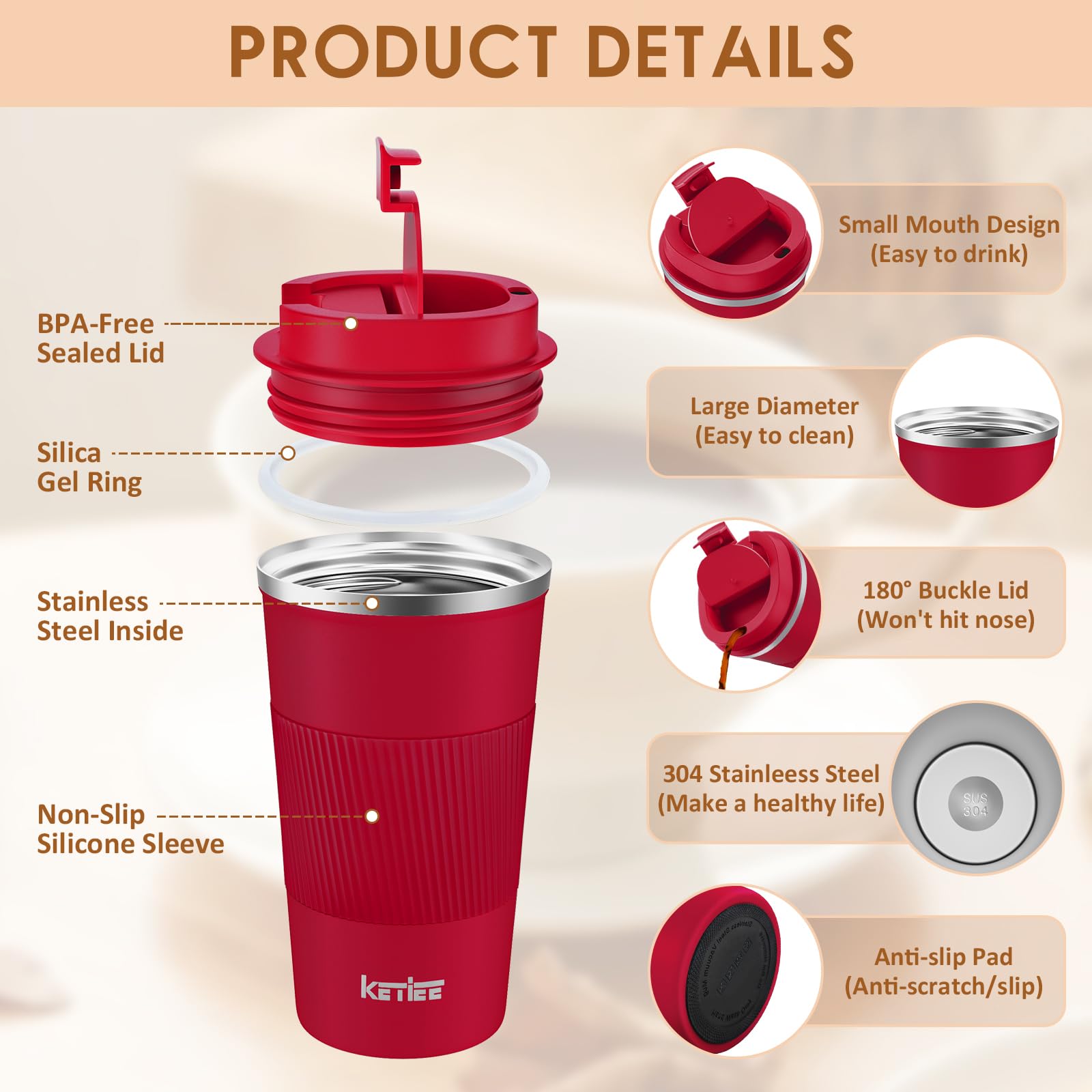 KETIEE Coffee Mug to Go – 380ml Double-Walled Vacuum Insulated Travel Mug | Leak-Proof Lid | Grass Green