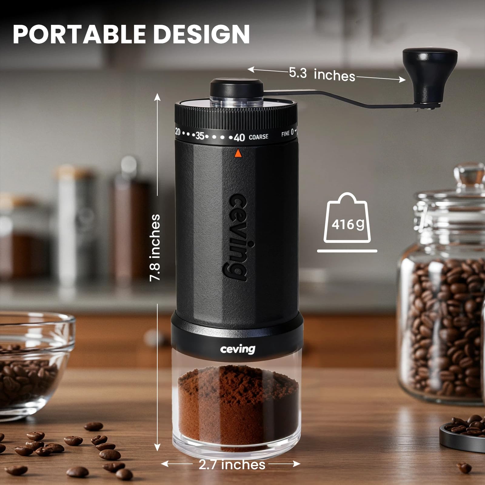Large Capacity Manual Coffee Grinder – 60g Hand Grinder with 40 Grind Settings | Travel Coffee Gear