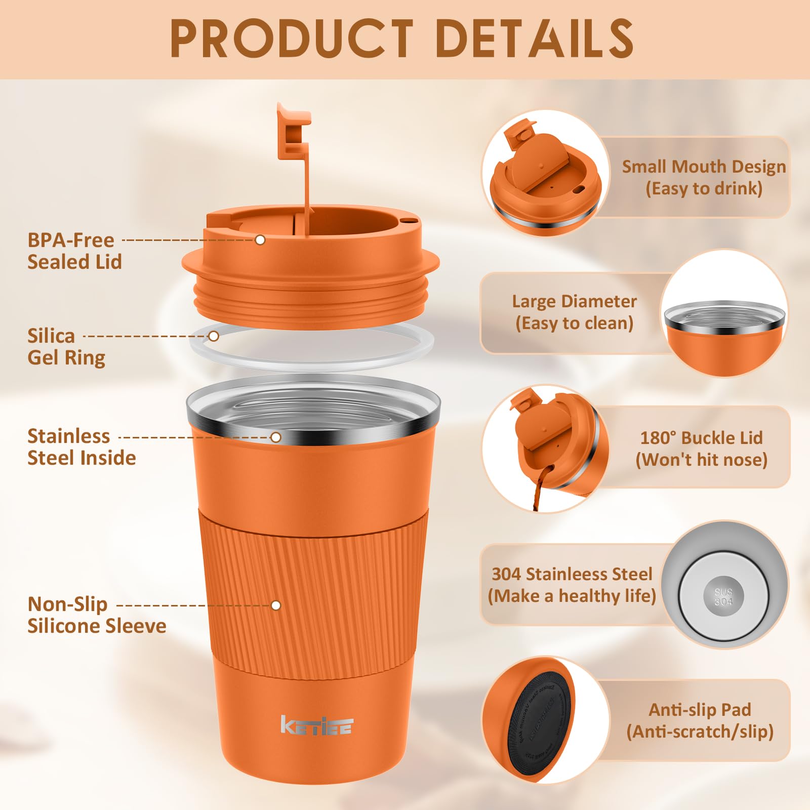 KETIEE Coffee Mug to Go – 380ml Double-Walled Vacuum Insulated Travel Mug | Leak-Proof Lid | Grass Green
