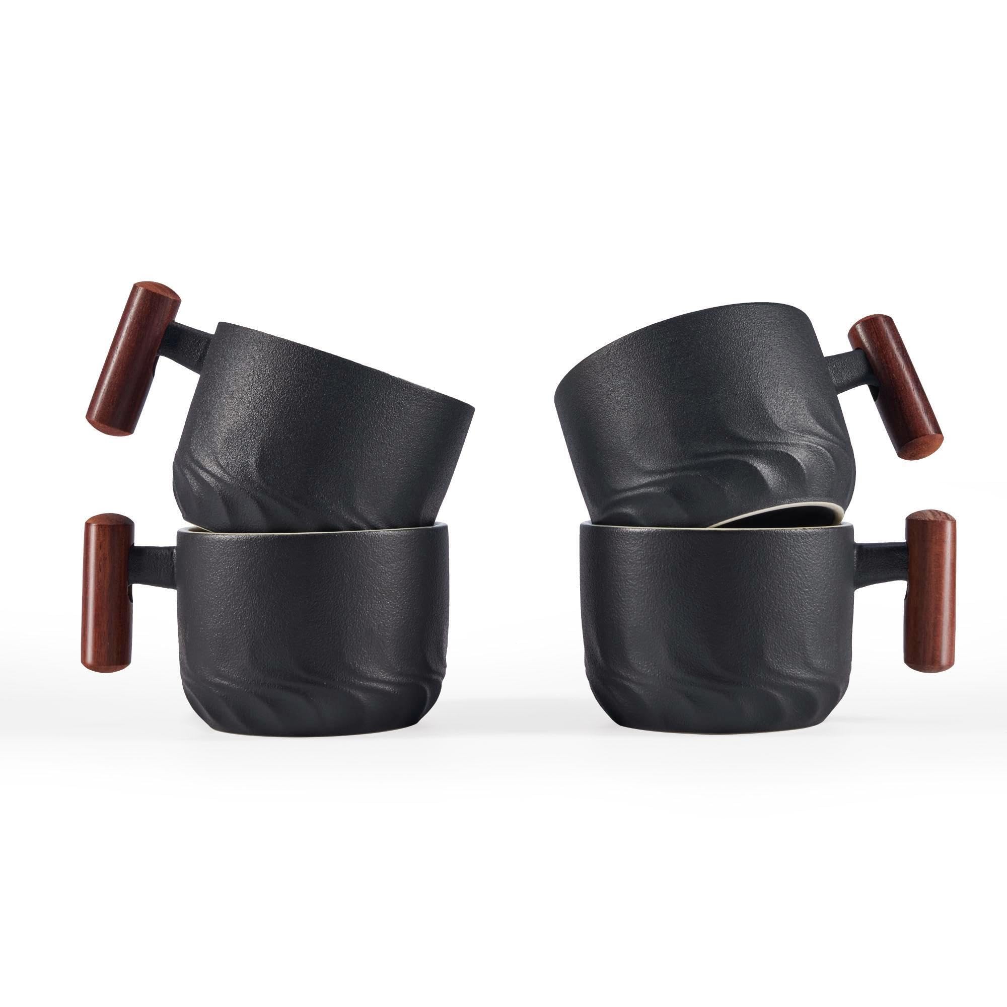 Ceramic Espresso Mugs with Wooden Handle – 170ml (Set of 4)