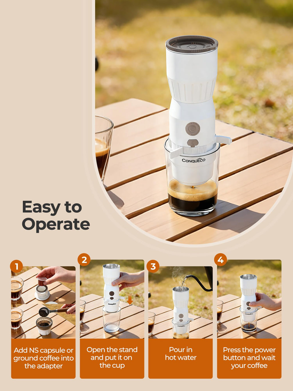 Mini Portable Coffee Maker: 160ml Travel Espresso Machine - Electric Coffee Brewer for Camping - Rechargeable Battery - 2 in 1 for Ground Coffee and NS Capsule Hiking Hotal (Not Self-heating) (WHITE)