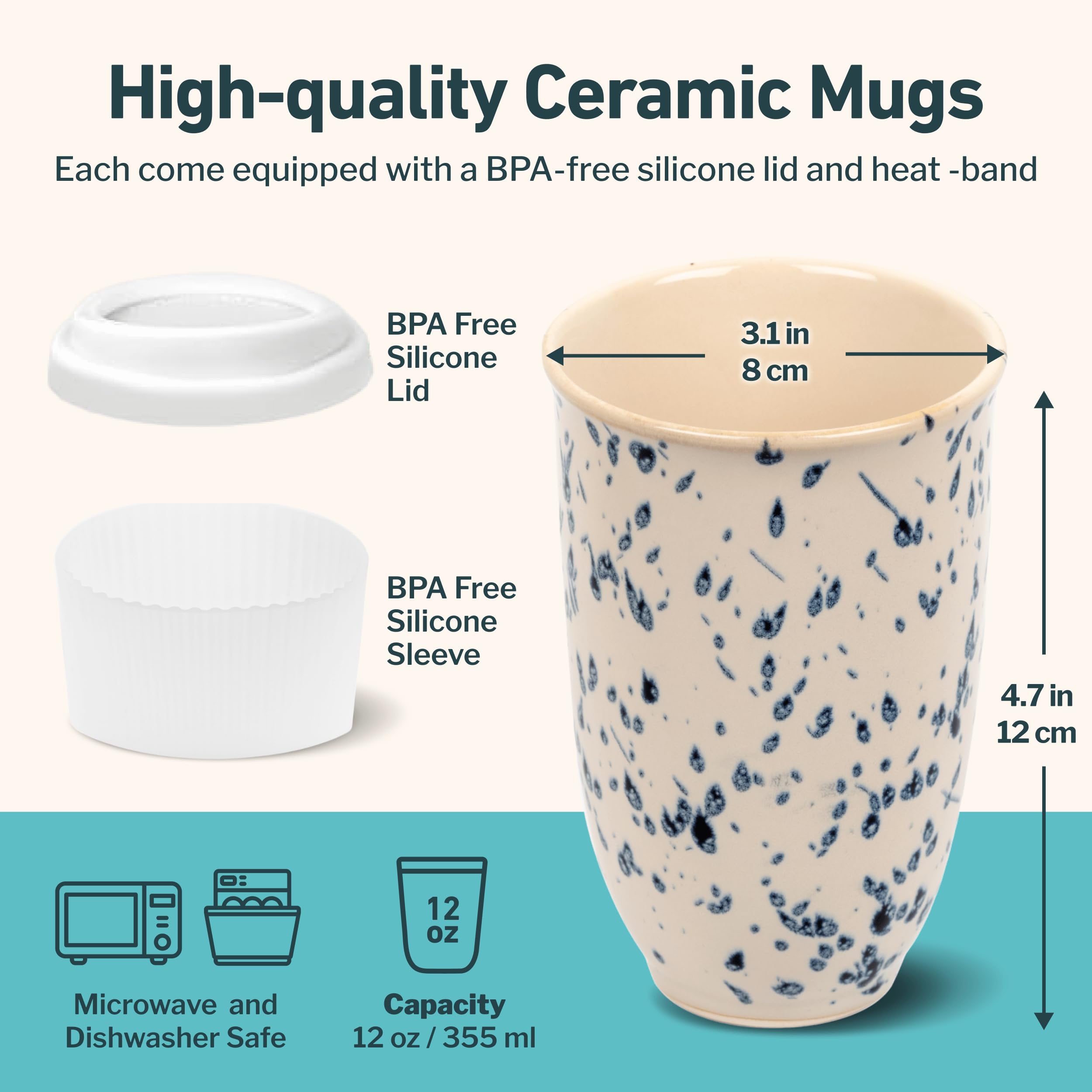 NOVA CERAMICS Ceramic Travel Mug with Lid – Microwave & Dishwasher Safe | 12oz Travel Coffee Mug | Monsoon