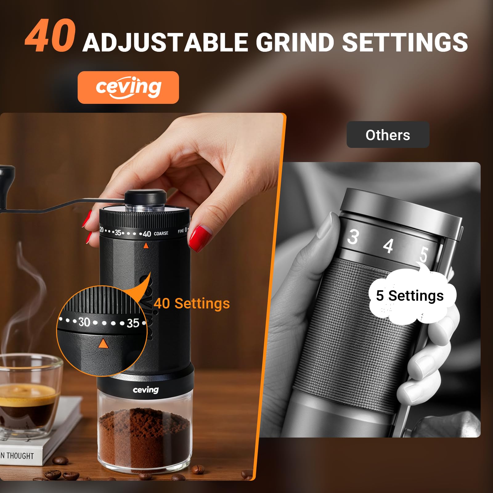 Large Capacity Manual Coffee Grinder – 60g Hand Grinder with 40 Grind Settings | Travel Coffee Gear