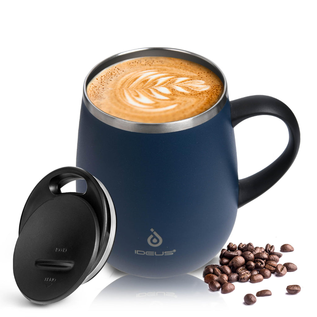 Ideus 16oz Insulated Coffee Mug with Handle & Lid – Double Wall Stainless Steel Vacuum Tumbler | Travel Coffee Cup for Home & Office | Leopard Black