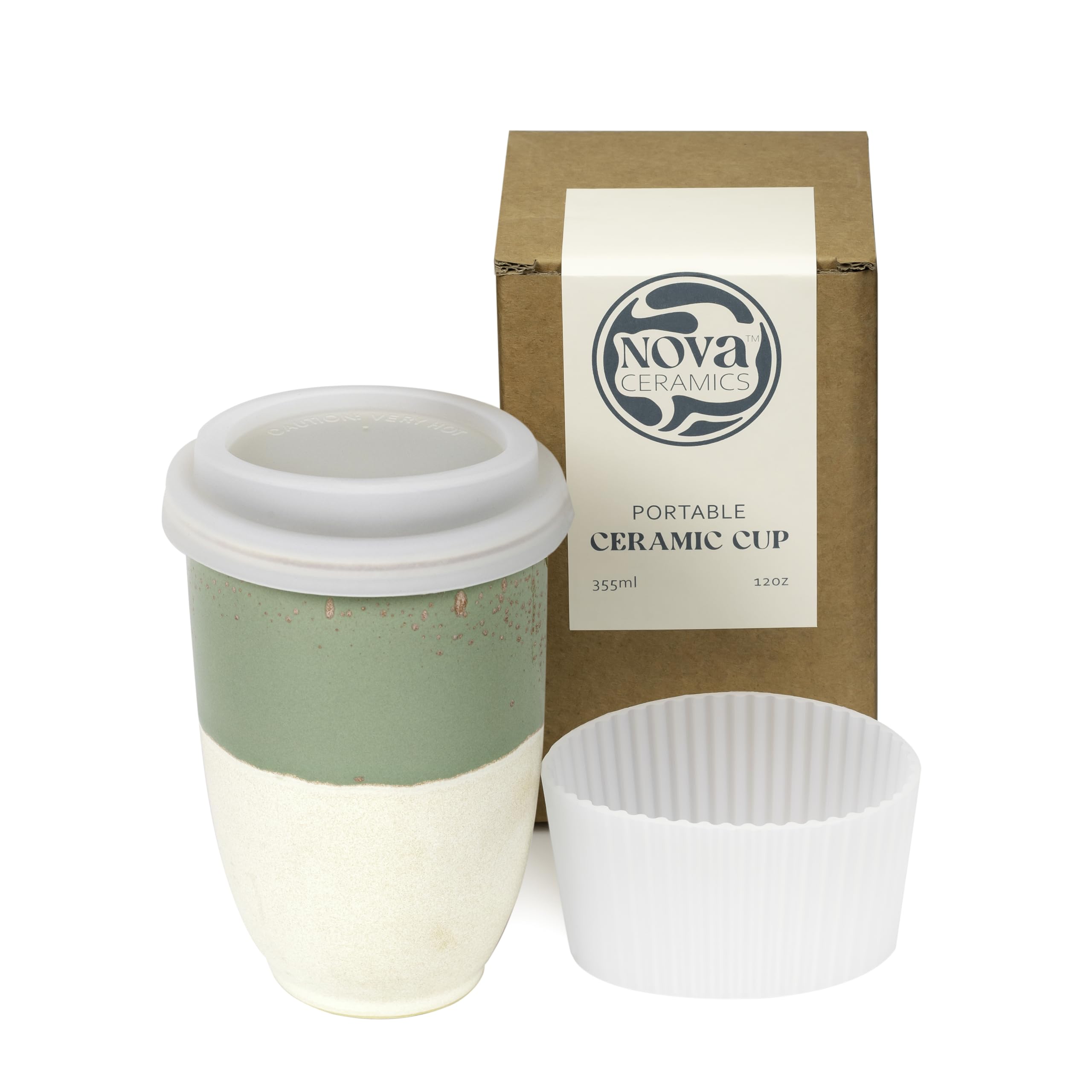 A 550ml portable ceramic cup by Nova Ceramics, shown with its brown cardboard packaging box and a white paper travel sleeve on a clean white background.
