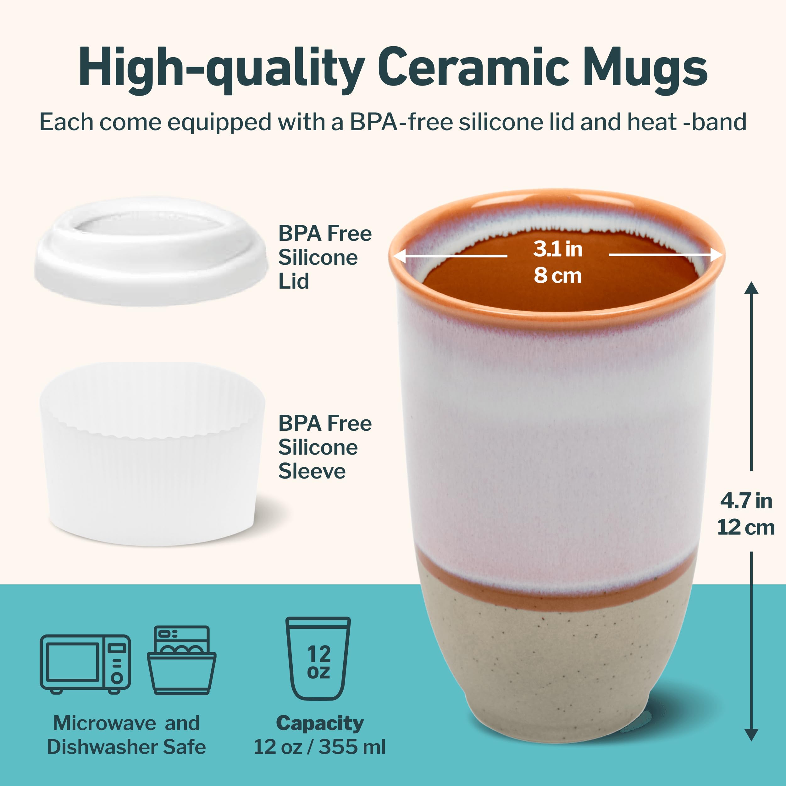 NOVA CERAMICS Ceramic Travel Mug with Lid – Microwave & Dishwasher Safe | 12oz Travel Coffee Mug | Monsoon
