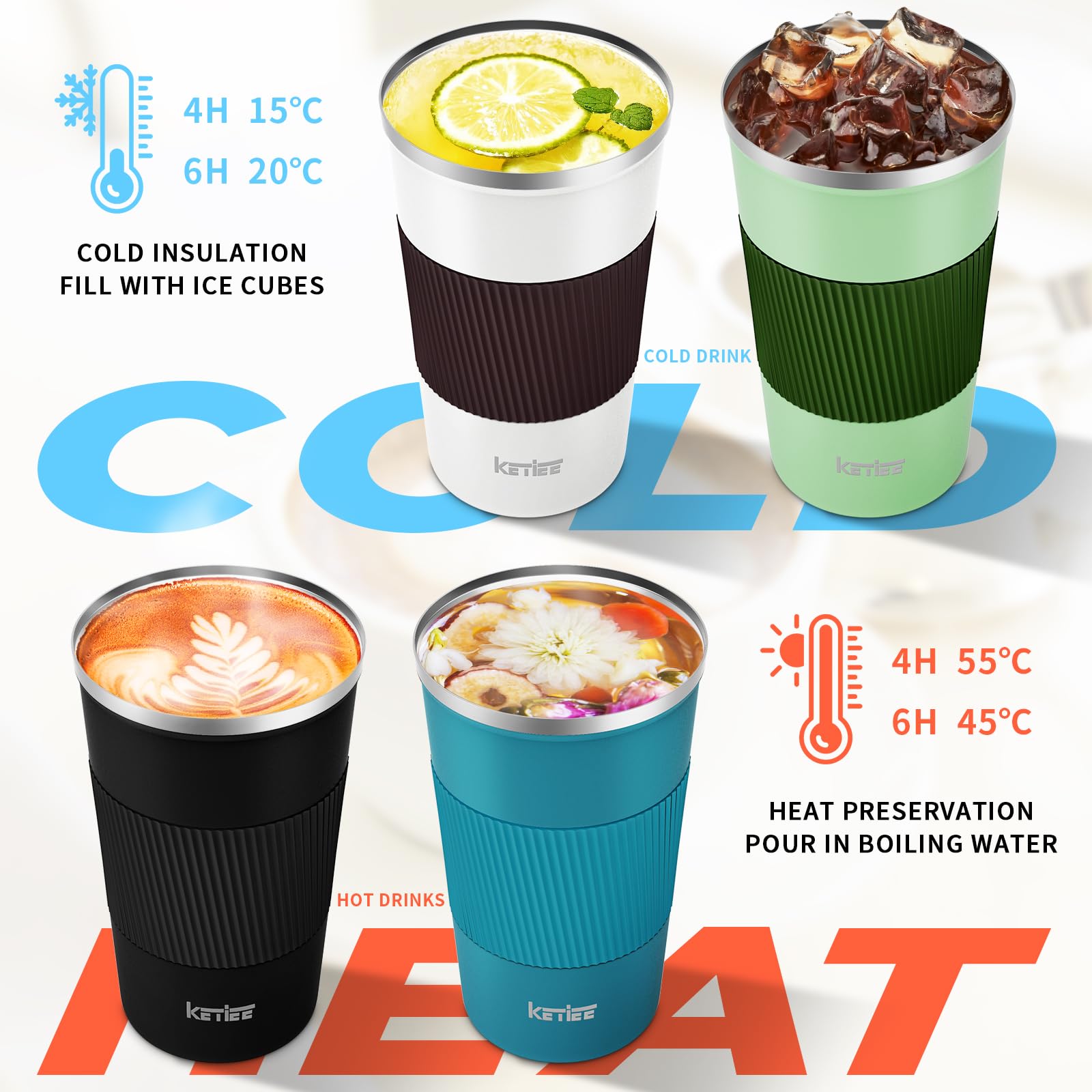 KETIEE Coffee Mug to Go – 380ml Double-Walled Vacuum Insulated Travel Mug | Leak-Proof Lid | Grass Green