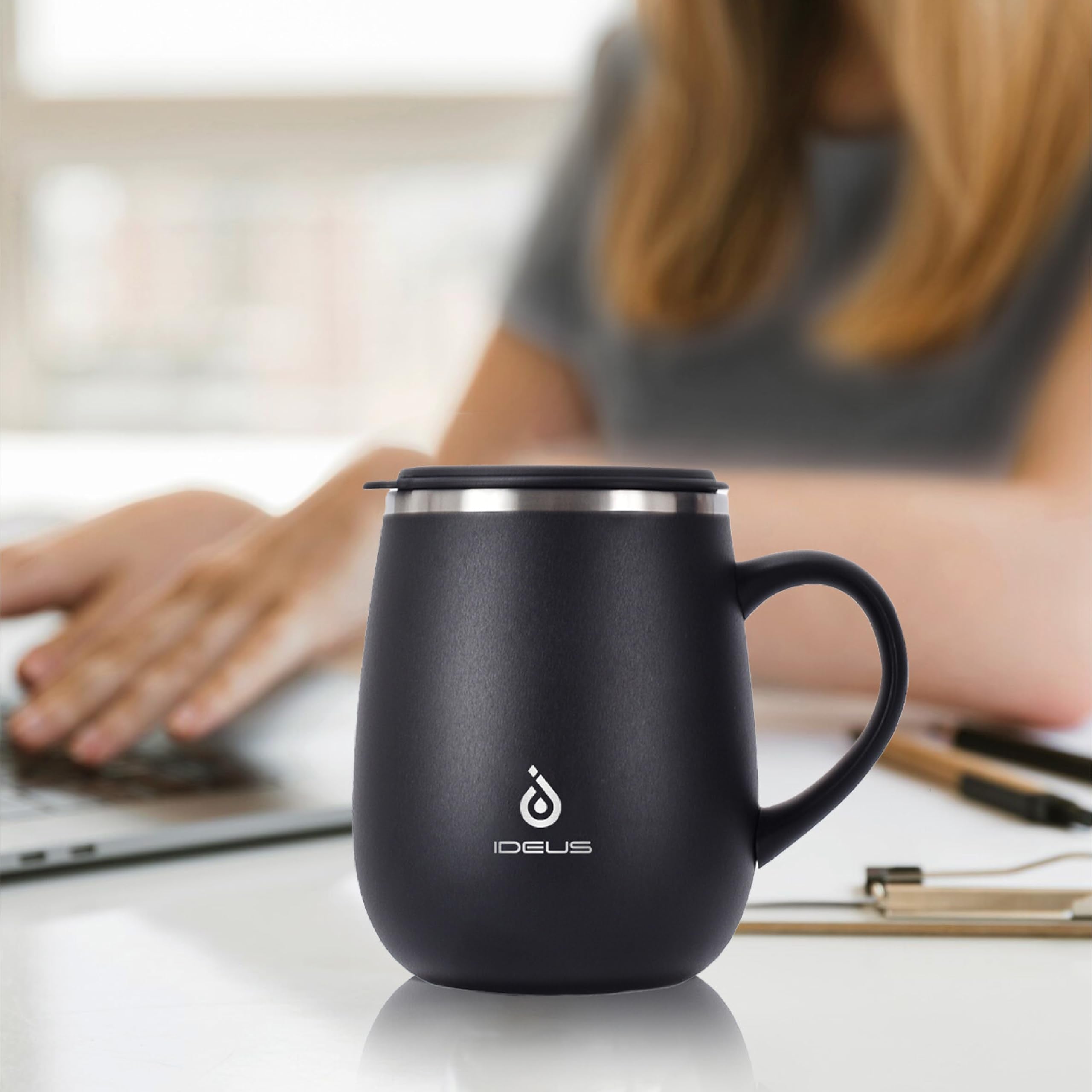 Ideus 16oz Insulated Coffee Mug with Handle & Lid – Double Wall Stainless Steel Vacuum Tumbler | Travel Coffee Cup for Home & Office | Leopard Black