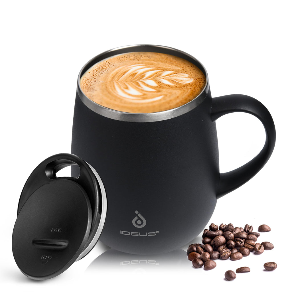 Ideus 16oz Insulated Coffee Mug with Handle & Lid – Double Wall Stainless Steel Vacuum Tumbler | Travel Coffee Cup for Home & Office | Leopard Black