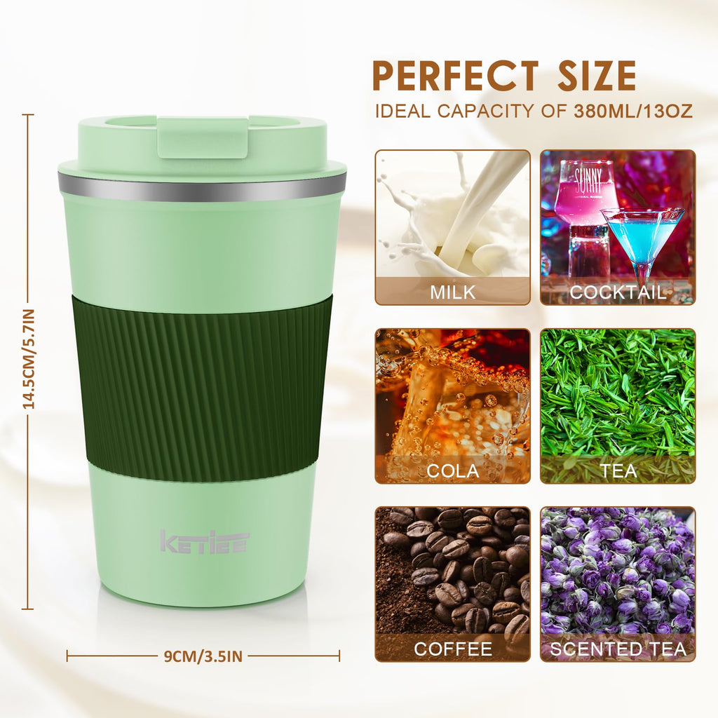 KETIEE Coffee Mug to Go – 380ml Double-Walled Vacuum Insulated Travel Mug | Leak-Proof Lid | Grass Green