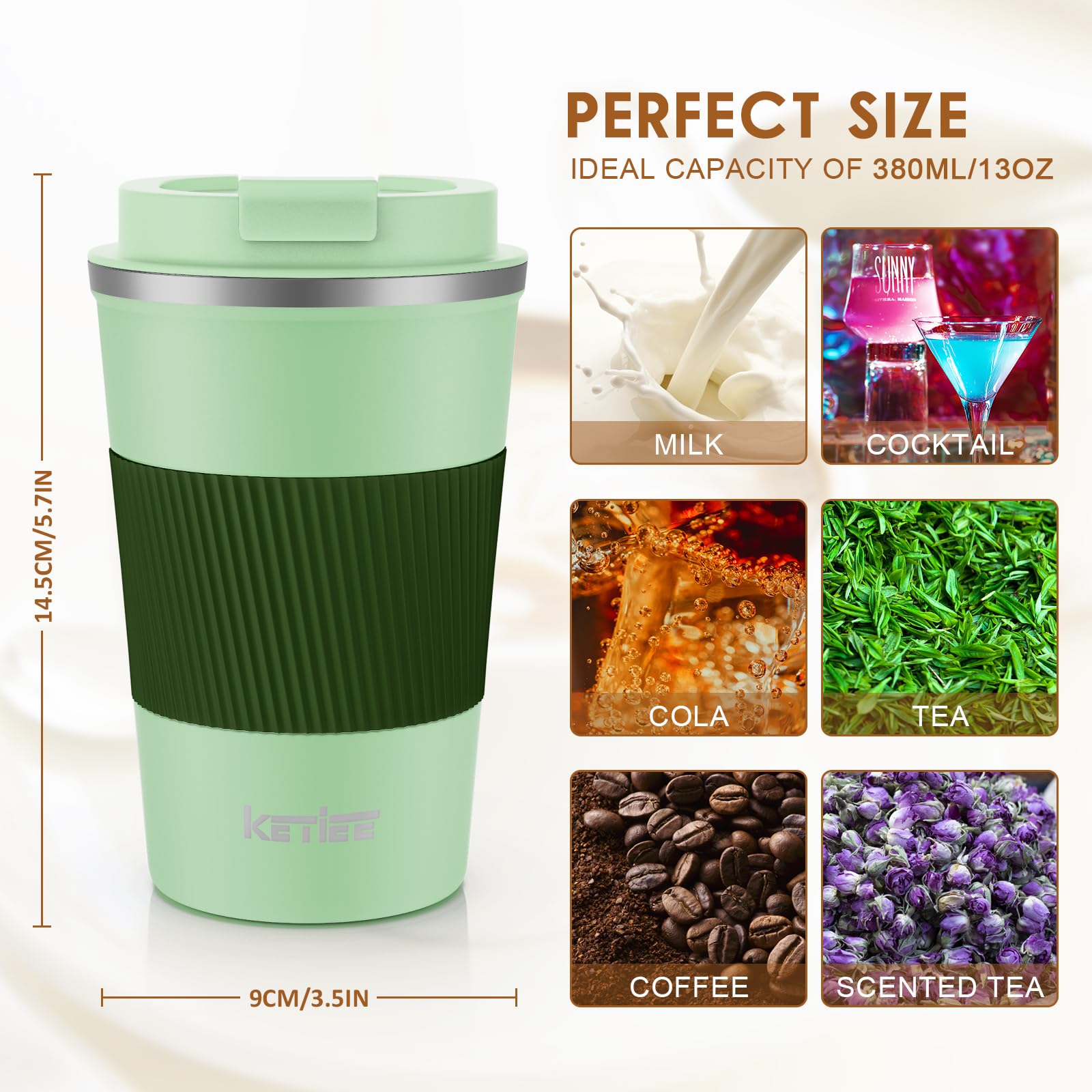 KETIEE Coffee Mug to Go – 380ml Double-Walled Vacuum Insulated Travel Mug | Leak-Proof Lid | Grass Green