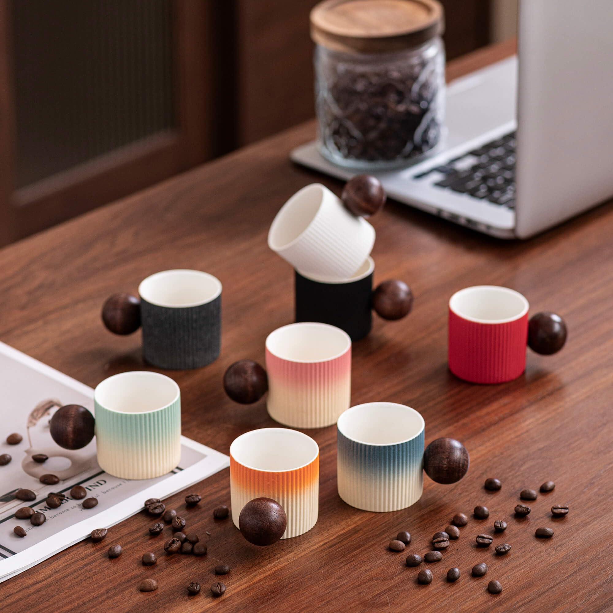 Mini Ceramic Espresso Cups with Wood Handle – 70ml (Set of 2)