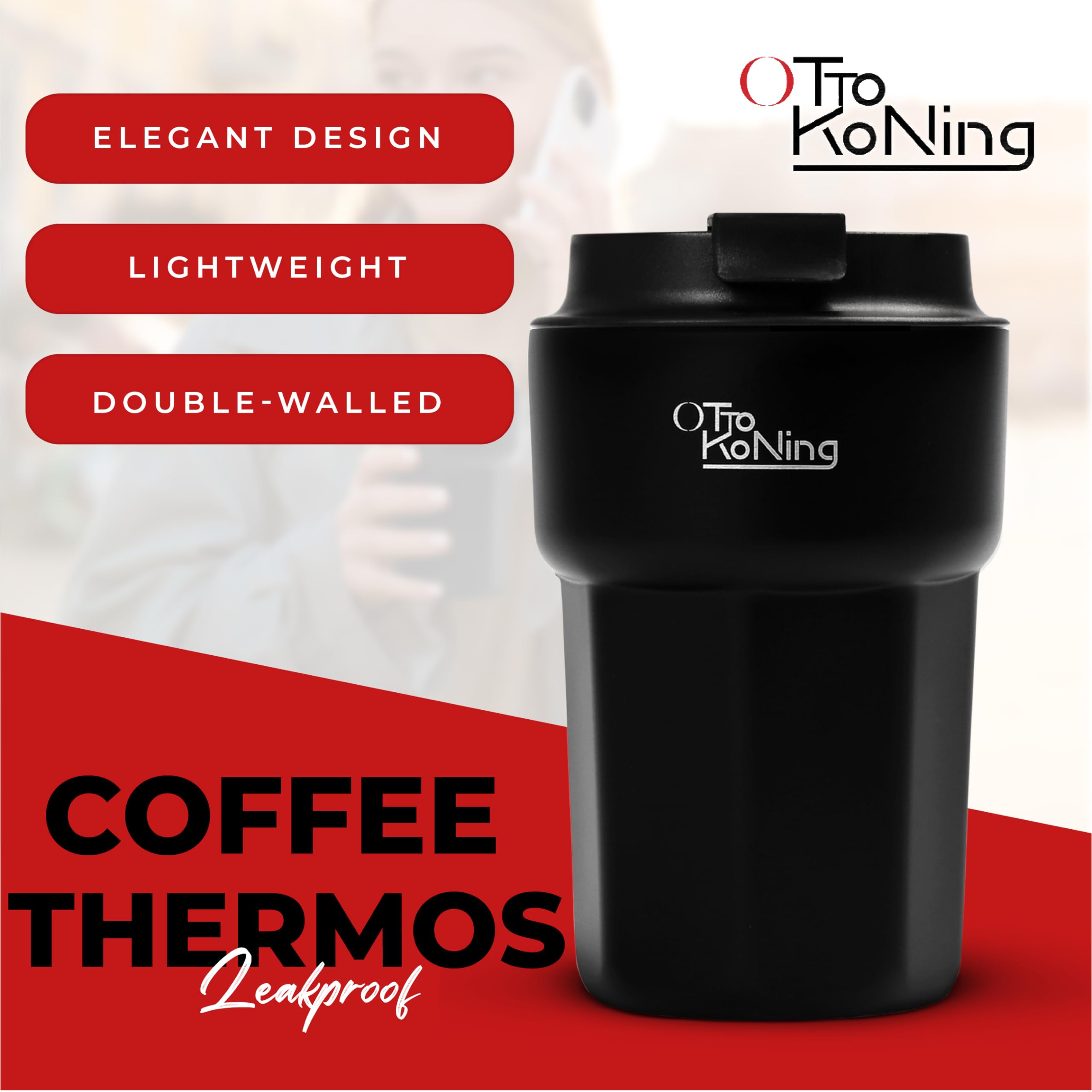 Otto Koning Travel Mug 12oz (350ml)- Leakproof Stainless Steel Coffee Cup | Thermal Flask for Hot Drinks (4h) | Fits Car Holder, BPA Free & Anti-Slip | The Smart Choice for Commute