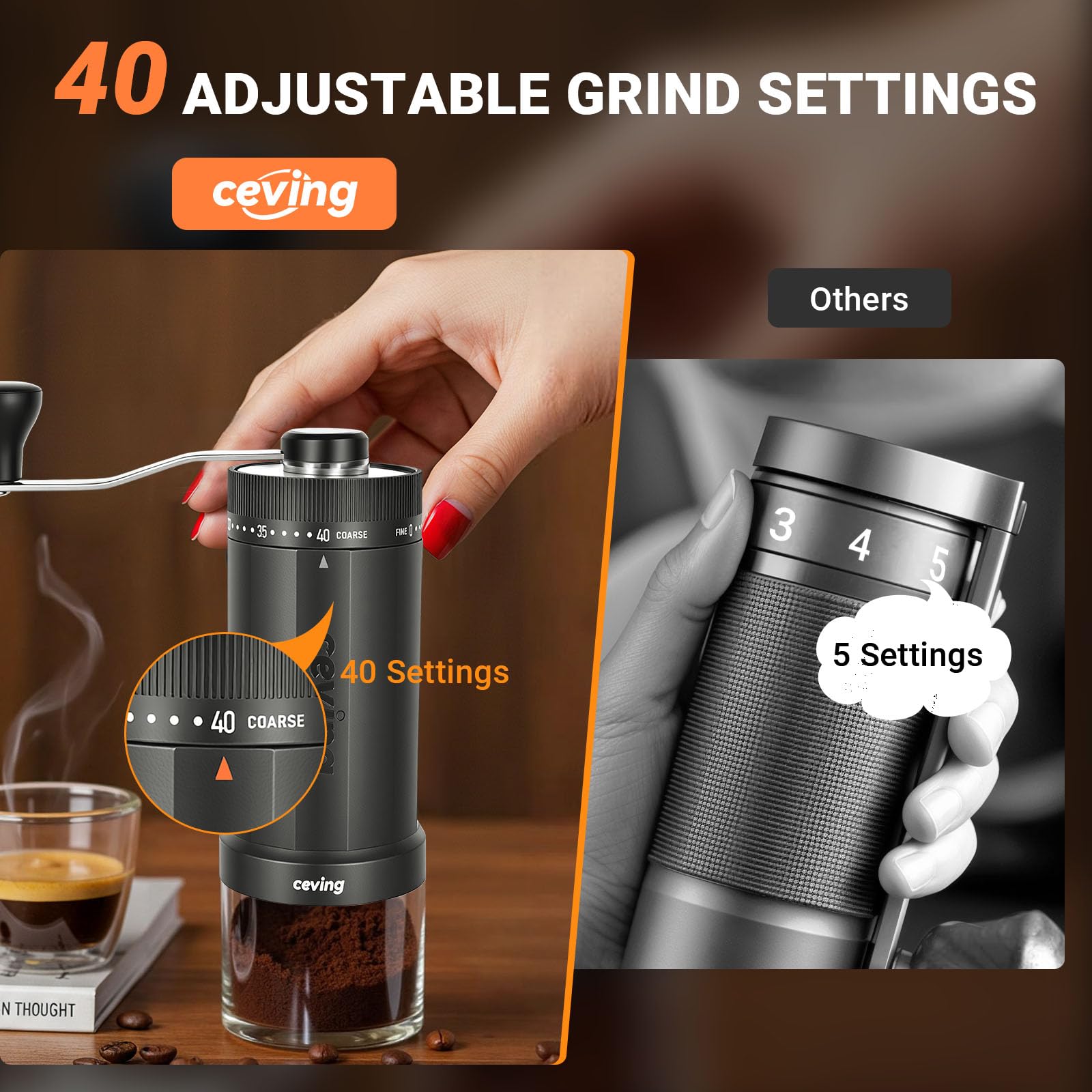 Large Capacity Manual Coffee Grinder – 60g Hand Grinder with 40 Grind Settings | Travel Coffee Gear