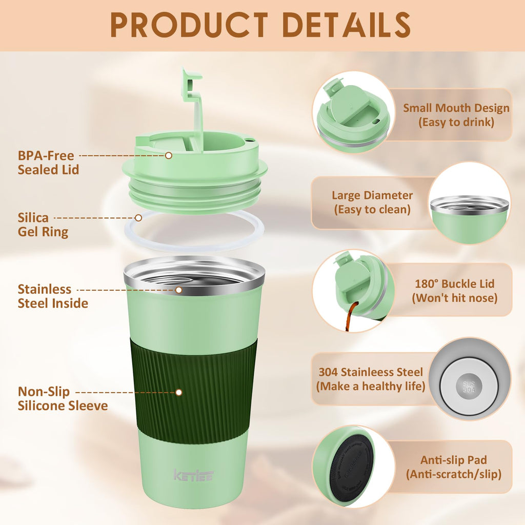 KETIEE Coffee Mug to Go – 380ml Double-Walled Vacuum Insulated Travel Mug | Leak-Proof Lid | Grass Green