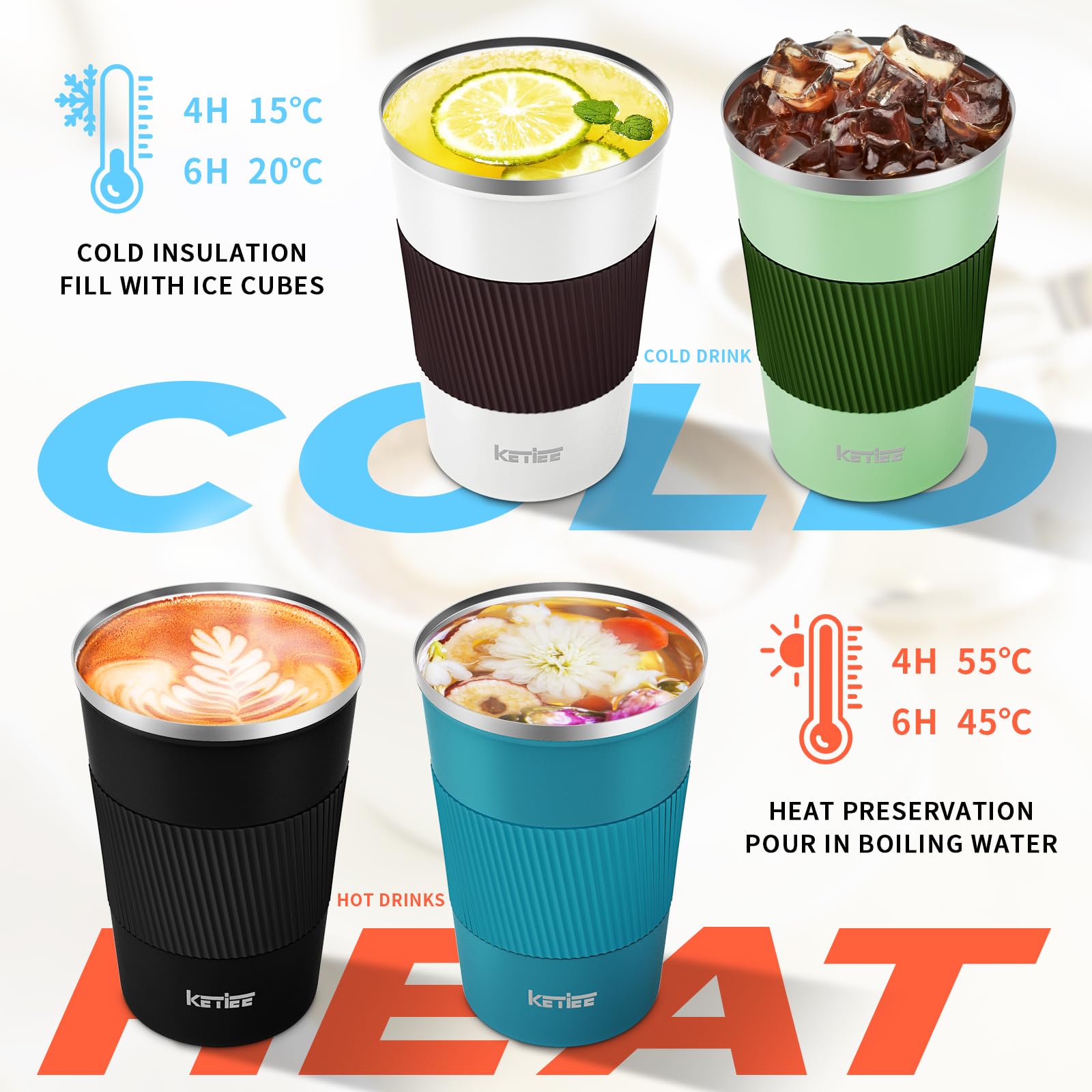 KETIEE Coffee Mug to Go – 380ml Double-Walled Vacuum Insulated Travel Mug | Leak-Proof Lid | Grass Green