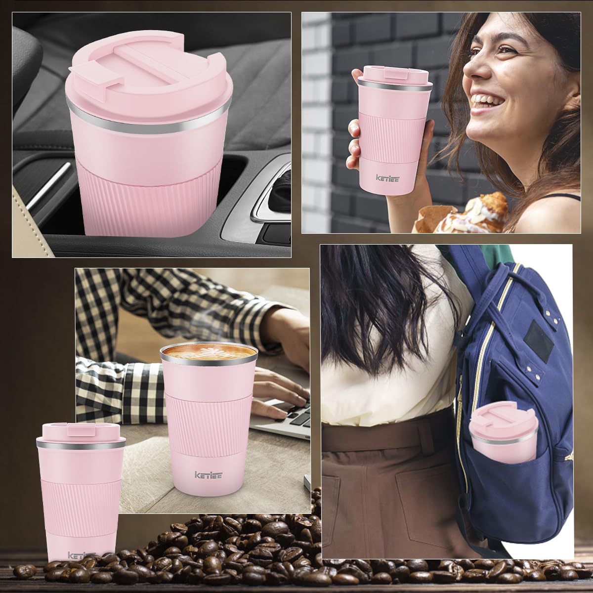 KETIEE Coffee Mug to Go – 380ml Double-Walled Vacuum Insulated Travel Mug | Leak-Proof Lid | Grass Green