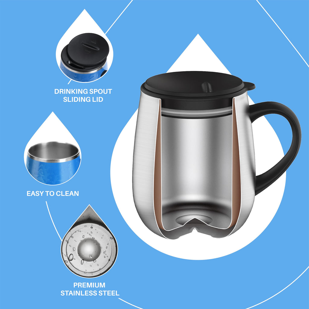Ideus 16oz Insulated Coffee Mug with Handle & Lid – Double Wall Stainless Steel Vacuum Tumbler | Travel Coffee Cup for Home & Office | Leopard Black