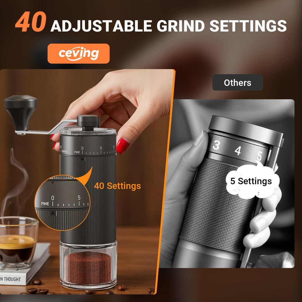 Large Capacity Manual Coffee Grinder – 60g Hand Grinder with 40 Grind Settings | Travel Coffee Gear