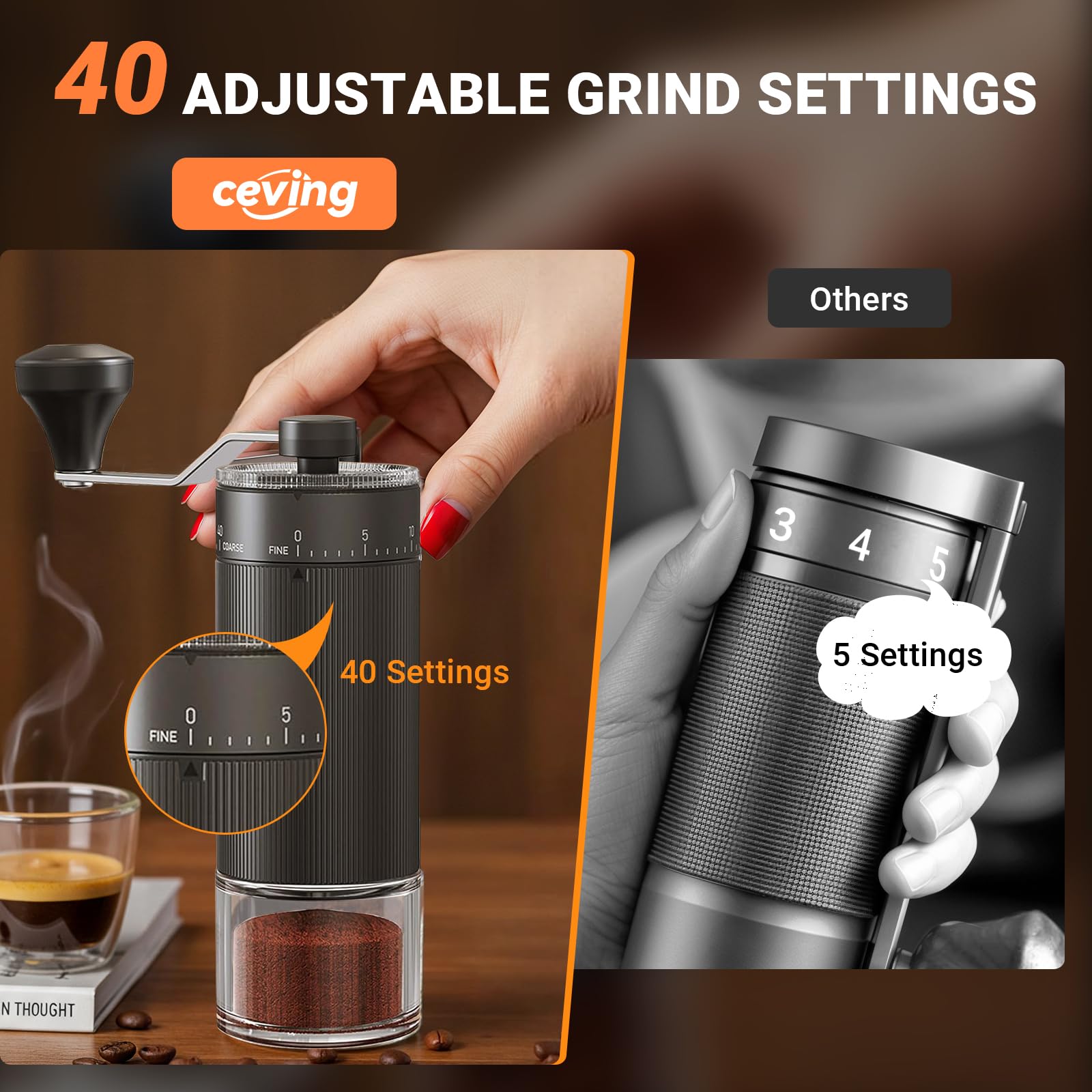Large Capacity Manual Coffee Grinder – 60g Hand Grinder with 40 Grind Settings | Travel Coffee Gear