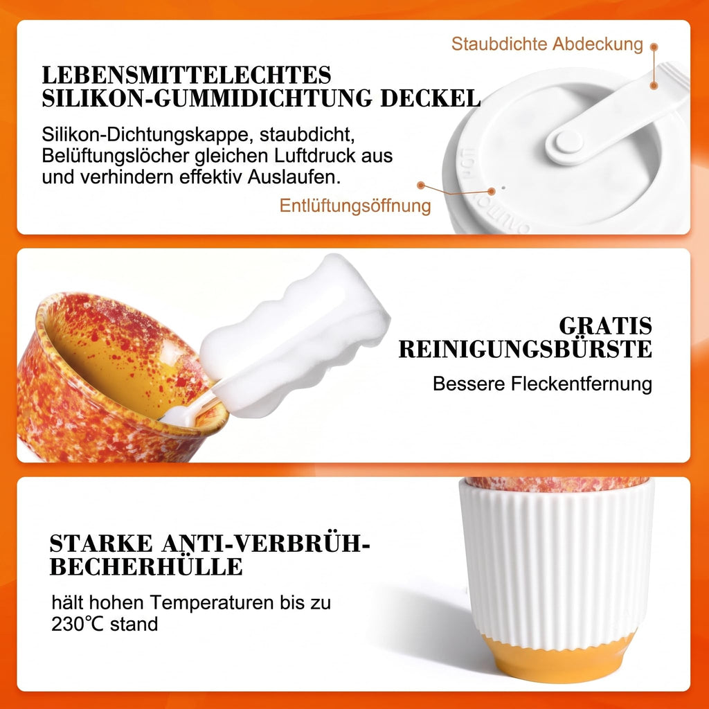 Three-panel promotional graphic with German text showing a white silicone gummy seal cap, a white cleaning brush, and a white beaker with an orange silicone bottom, all on an orange background with white borders.