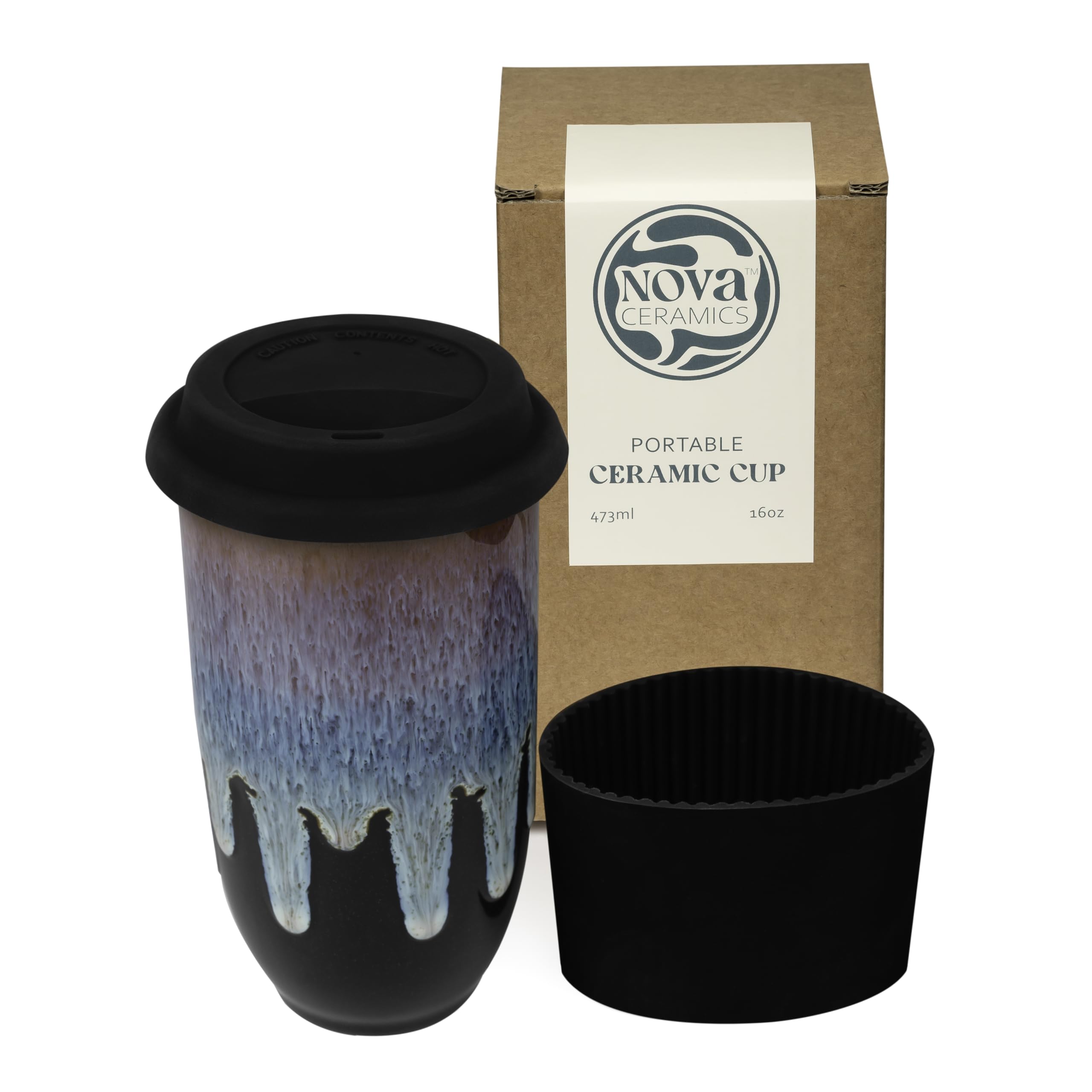 Black and blue ceramic travel mug with lid and packaging displaying 'Nova Ceramics' on a white background.