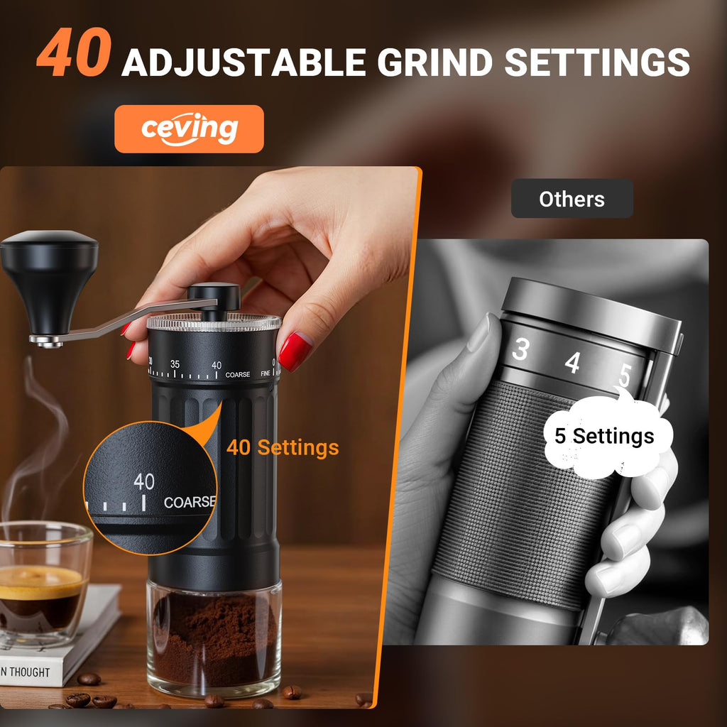 Large Capacity Manual Coffee Grinder – 60g Hand Grinder with 40 Grind Settings | Travel Coffee Gear
